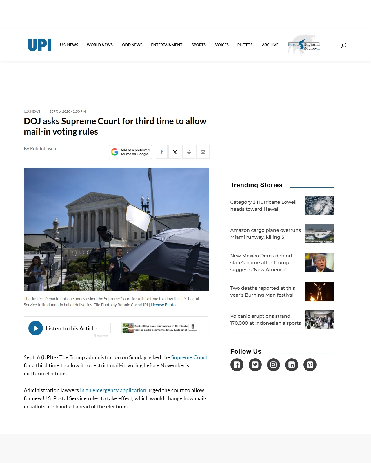 upi.com as published: Trump administration asks Supreme Court for third time to allow mail-in voting rules
