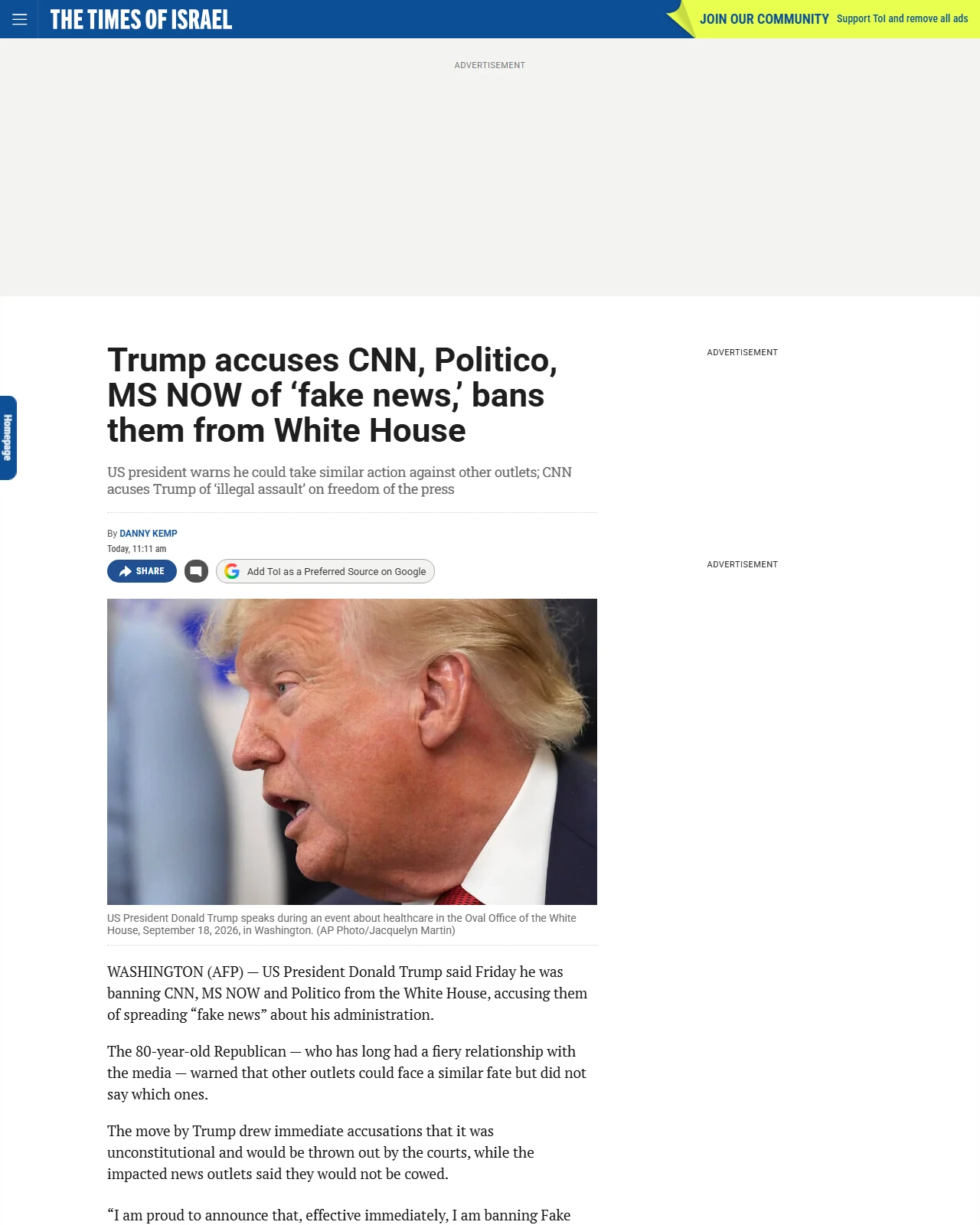 timesofisrael.com as published: Trump accuses CNN, Politico, MS NOW of ‘fake news,’ bans them from White House