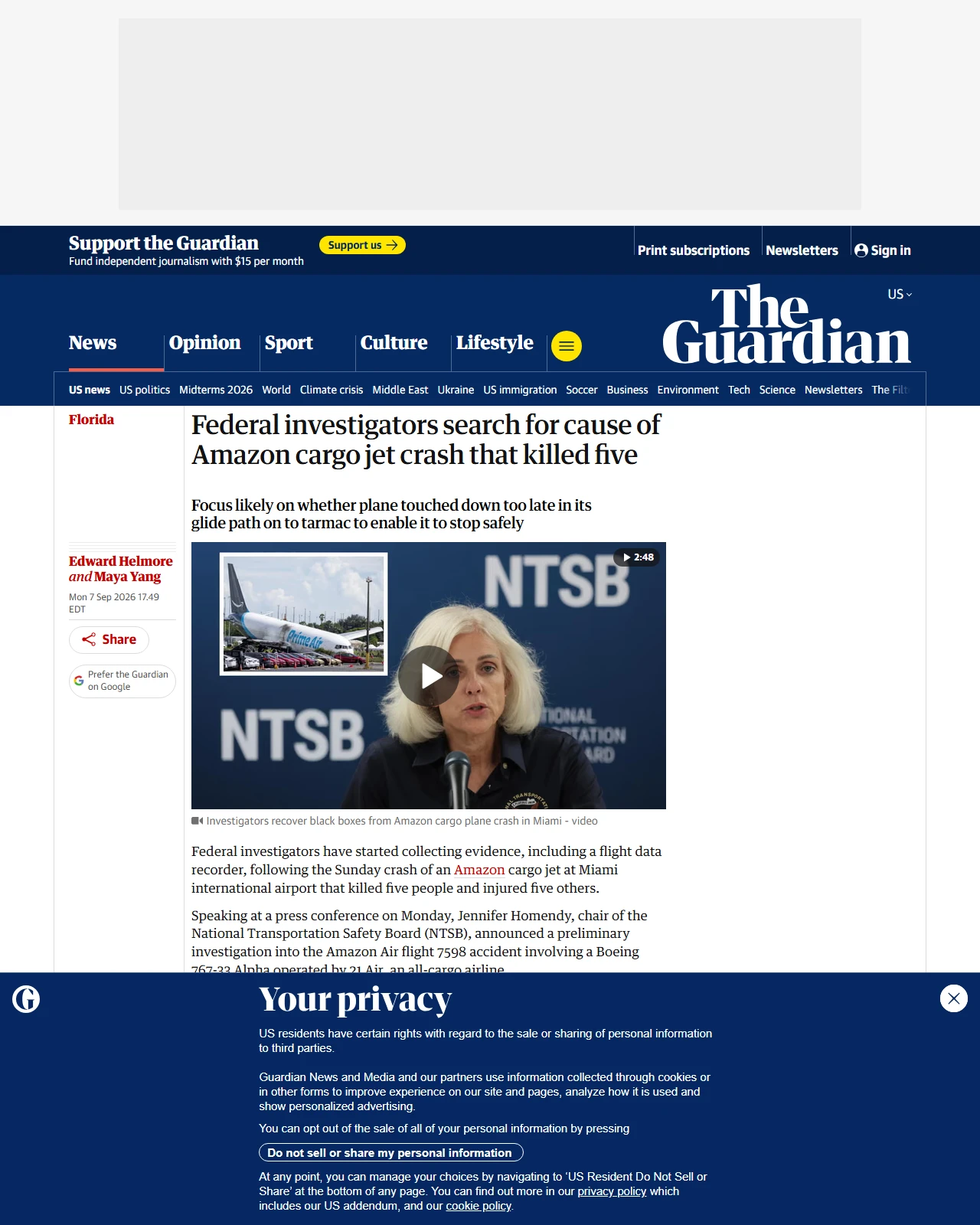 theguardian.com as published: Federal investigators search for cause of Amazon cargo jet crash that killed five
