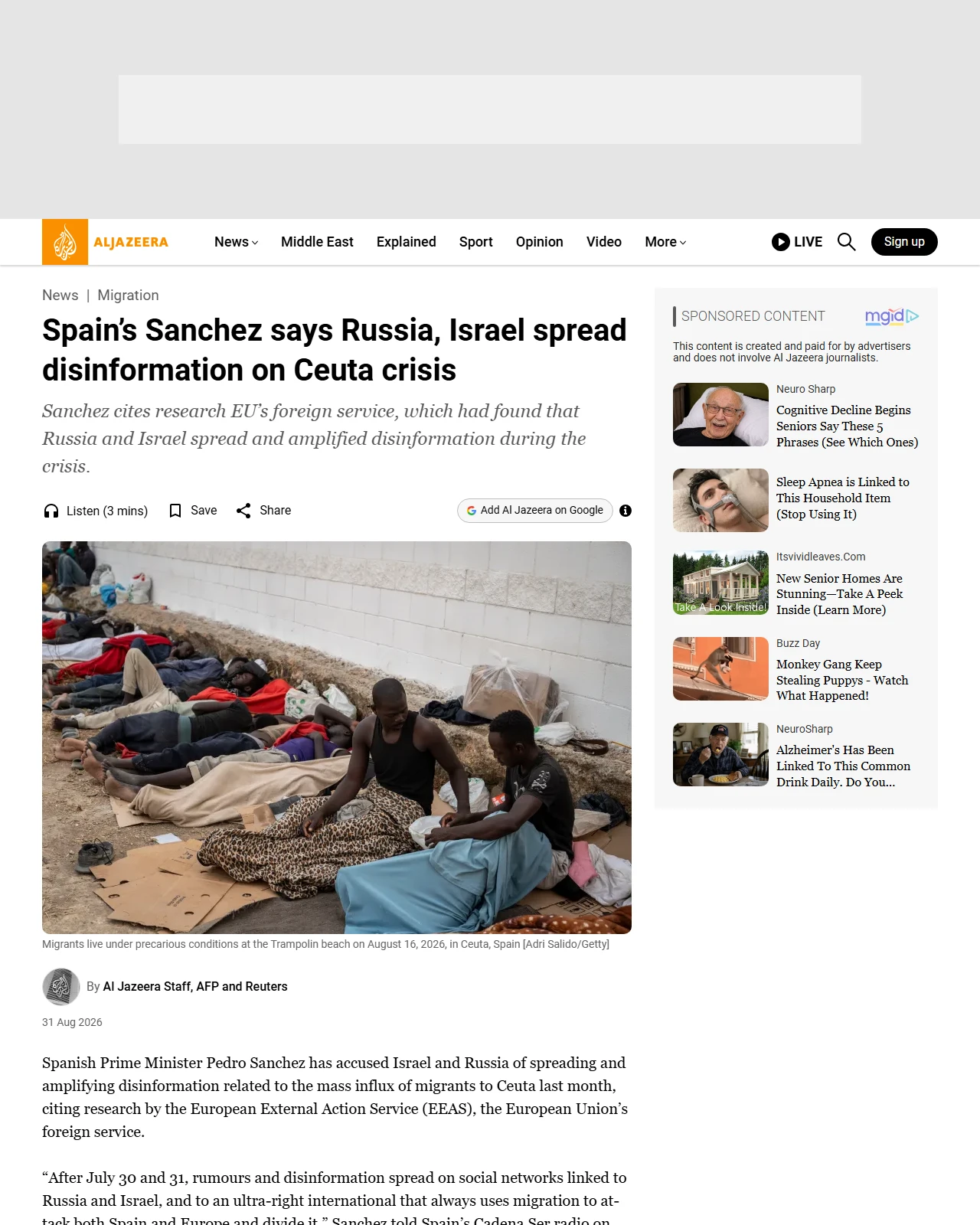 aljazeera.com as published: Spain’s Sanchez says Russia, Israel spread disinformation on Ceuta crisis