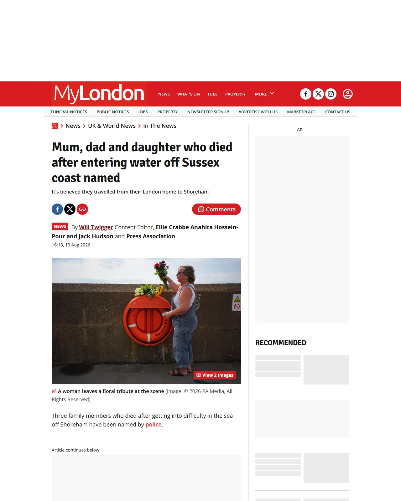 mylondon.news as published: Mum, dad and daughter who died after entering water off Sussex coast named