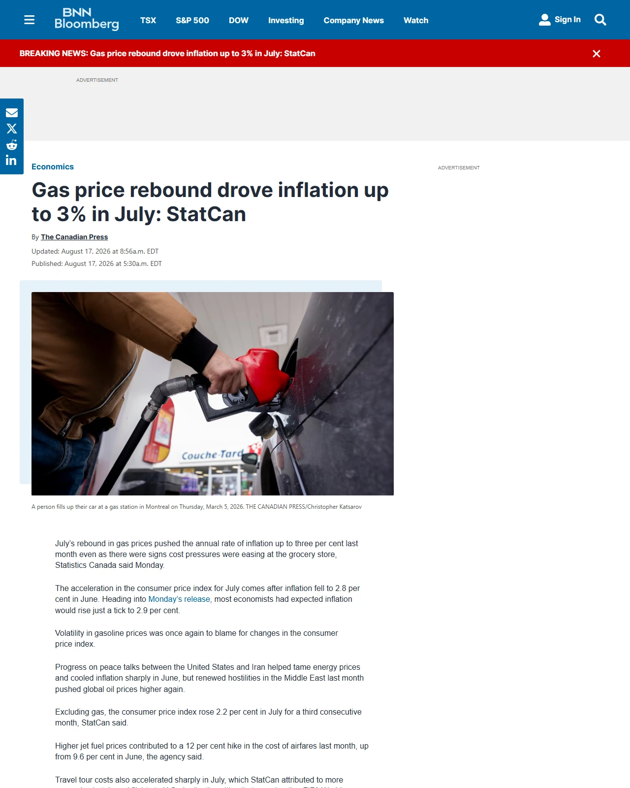 bnnbloomberg.ca as published: Statistics Canada to report how rebounding gas prices affected inflation in July