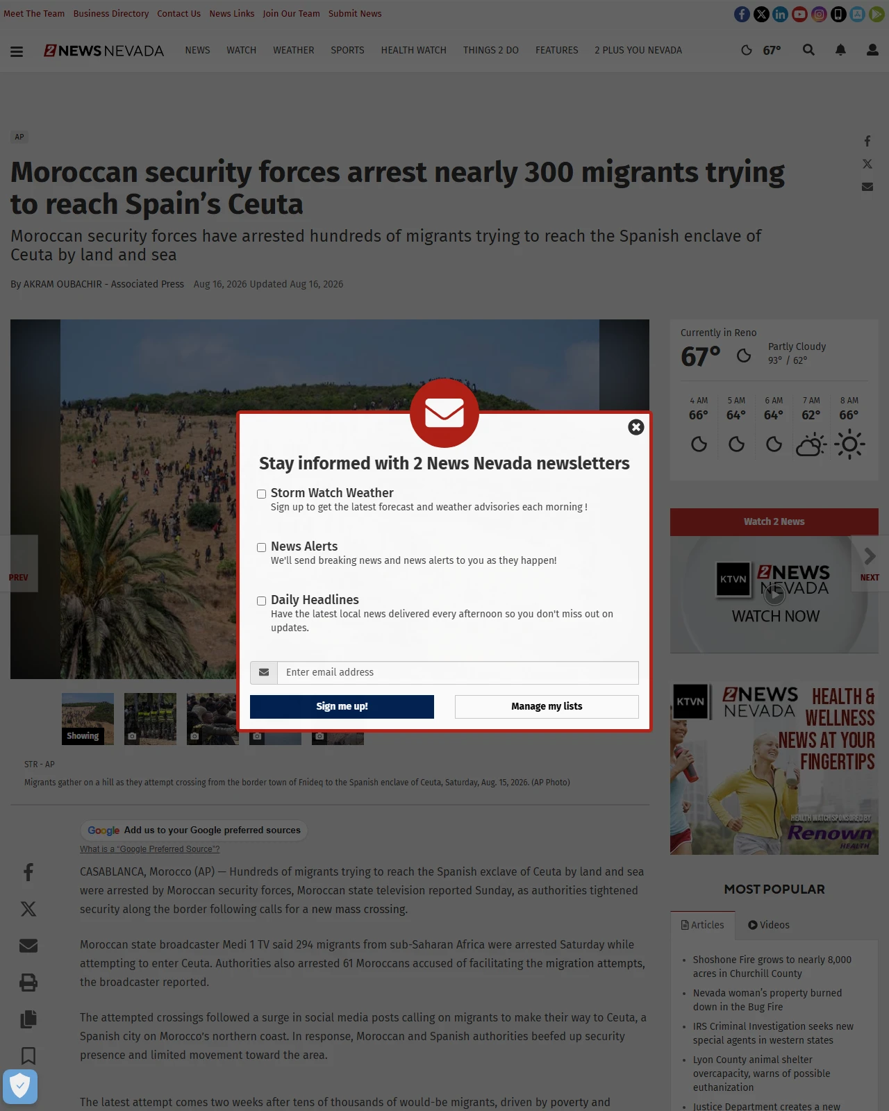 ktvn.com as published: Moroccan security forces arrest nearly 300 migrants trying to reach Spain’s Ceuta | National News | 2news.com
