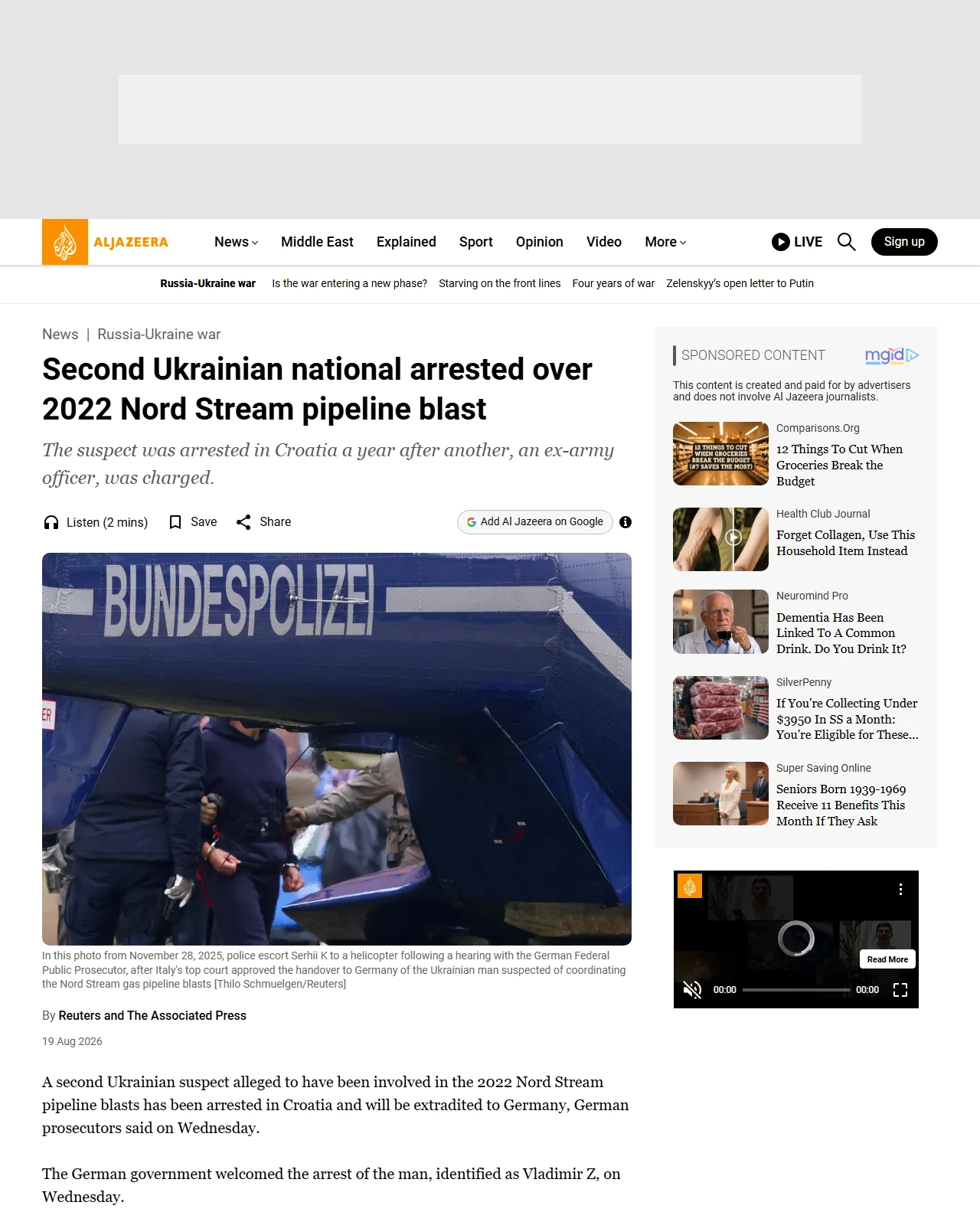 aljazeera.com as published: Second Ukrainian national arrested over 2022 Nord Stream pipeline blast