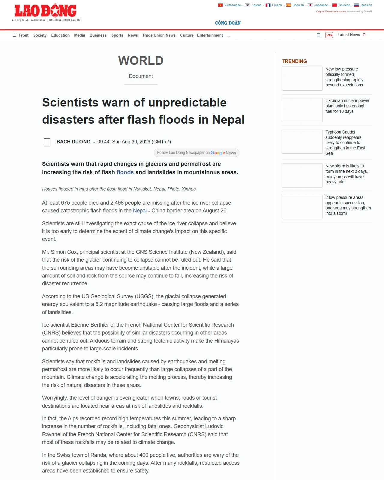 news.laodong.vn as published: Scientists warn of unpredictable disasters after flash floods in Nepal