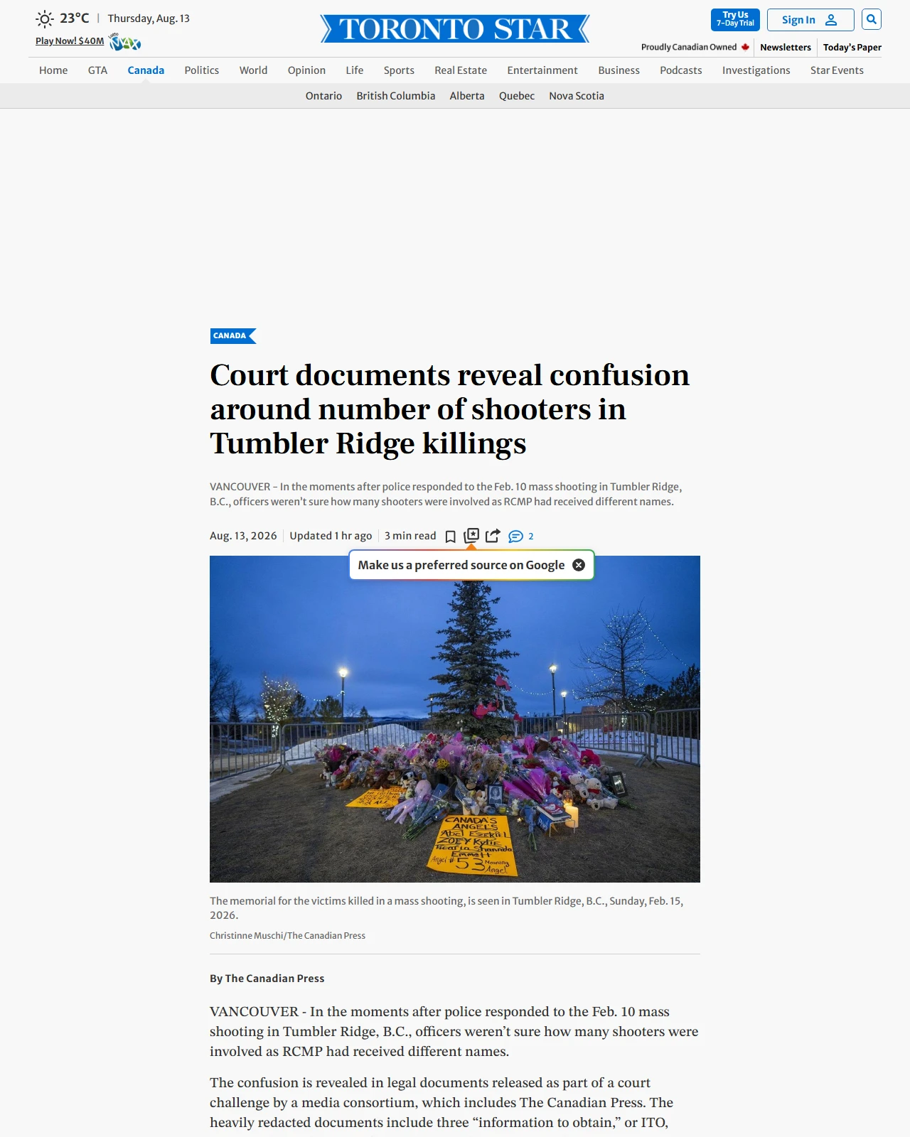 thestar.com as published: Court documents reveal confusion around number of shooters in Tumbler Ridge killings