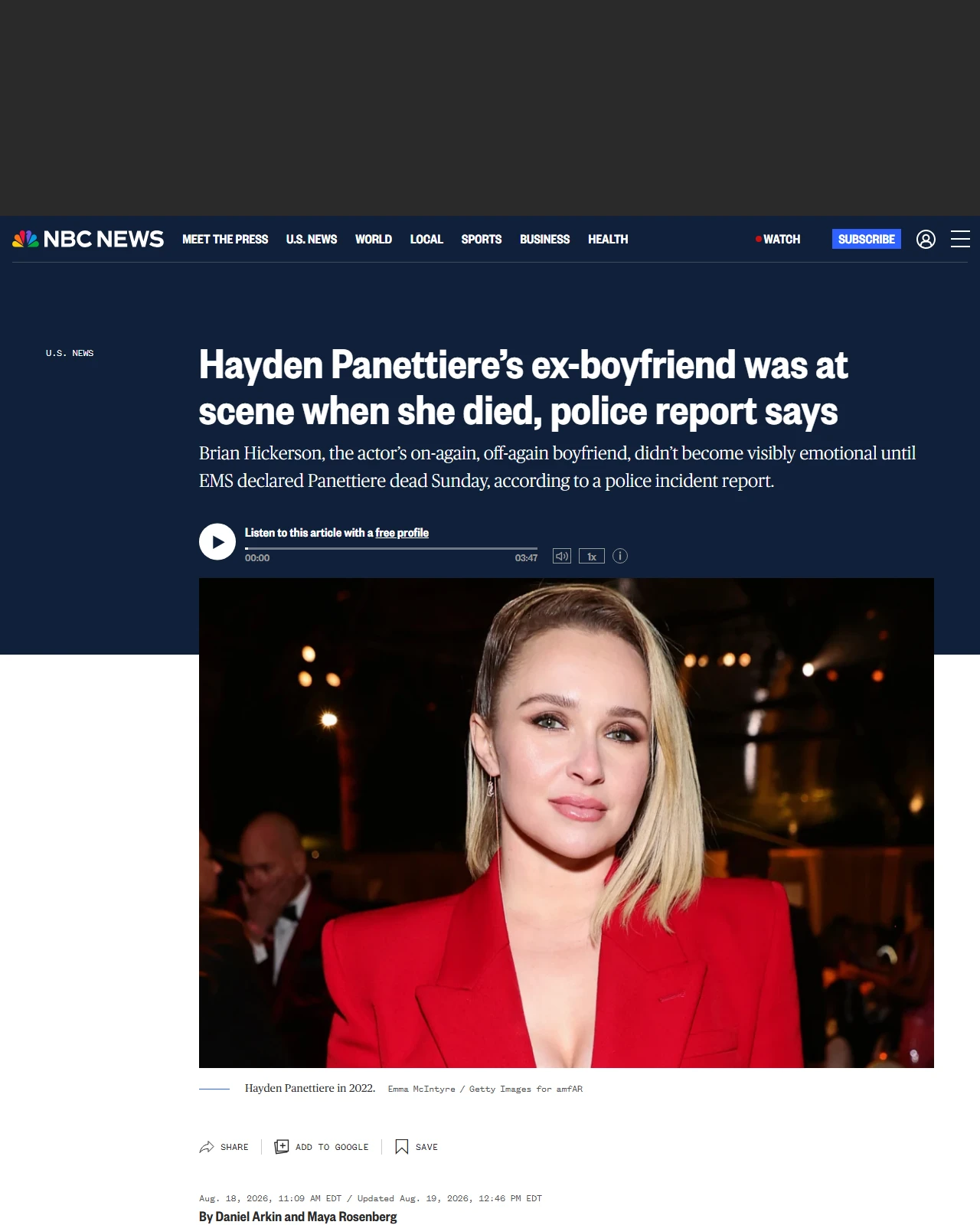 nbcnews.com as published: Hayden Panettiere’s ex-boyfriend was at scene when she died, police report says