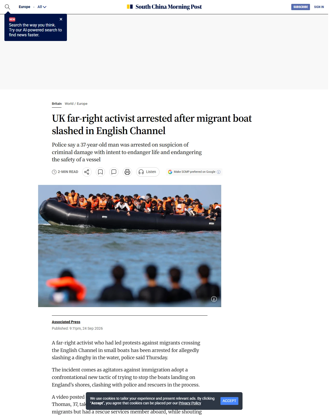 scmp.com as published: UK far-right activist arrested after migrant boat slashed in English Channel