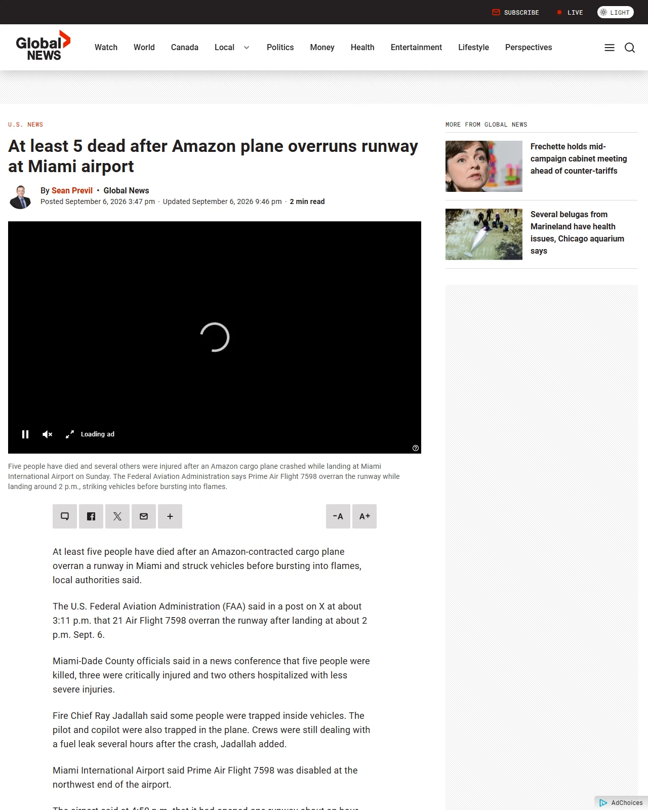 globalnews.ca as published: At least 5 dead after Amazon plane overruns runway at Miami airport