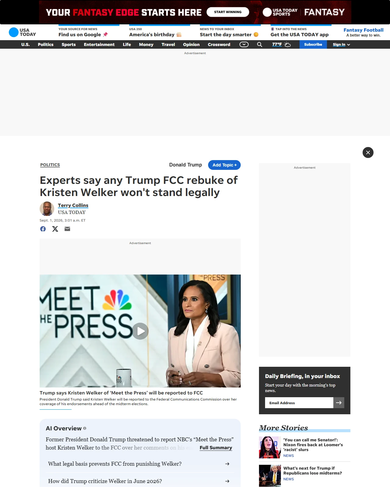 usatoday.com as published: Experts say any Trump FCC rebuke of Kristen Welker won't stand legally