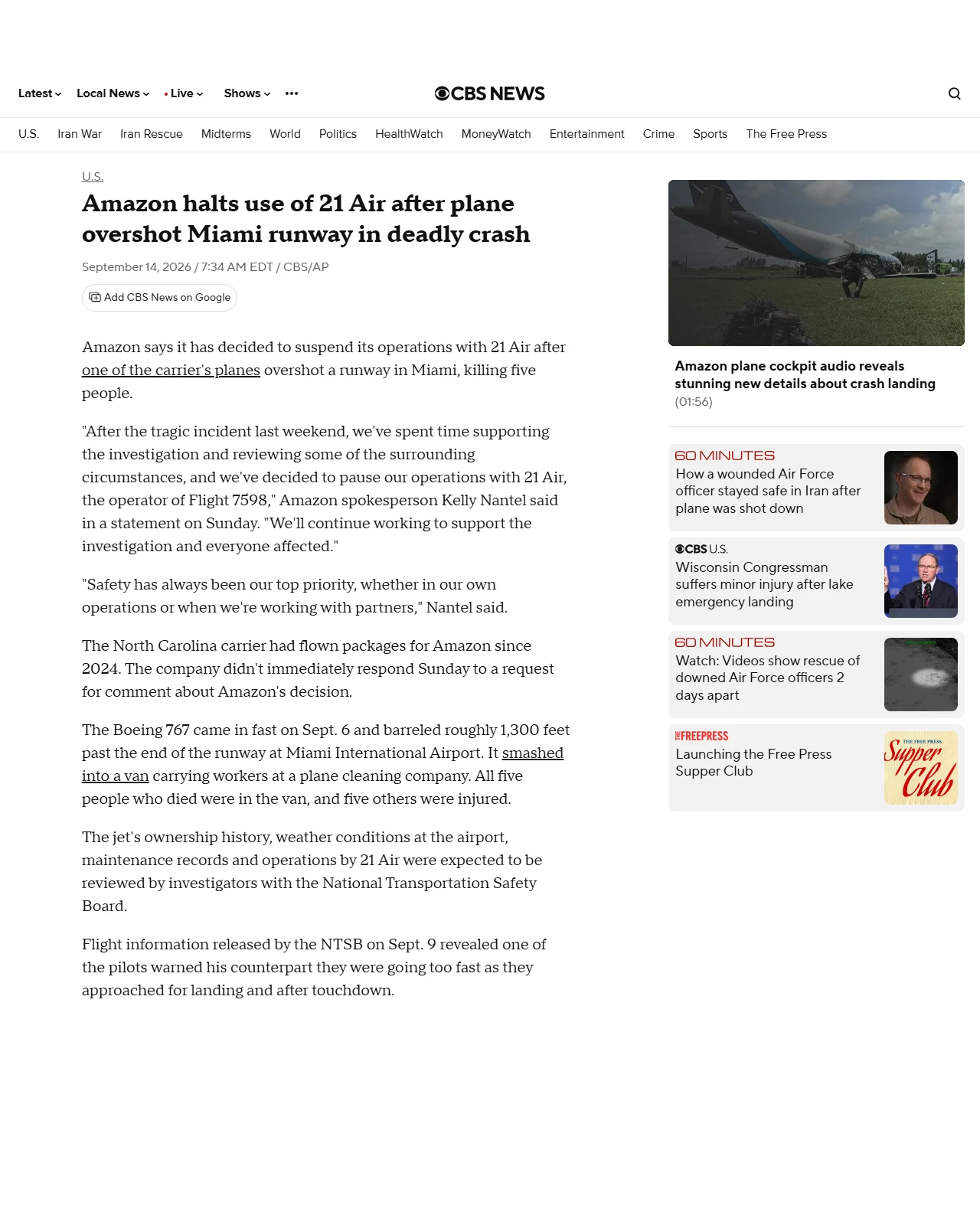 cbsnews.com as published: Amazon halts use of 21 Air after plane overshot Miami runway