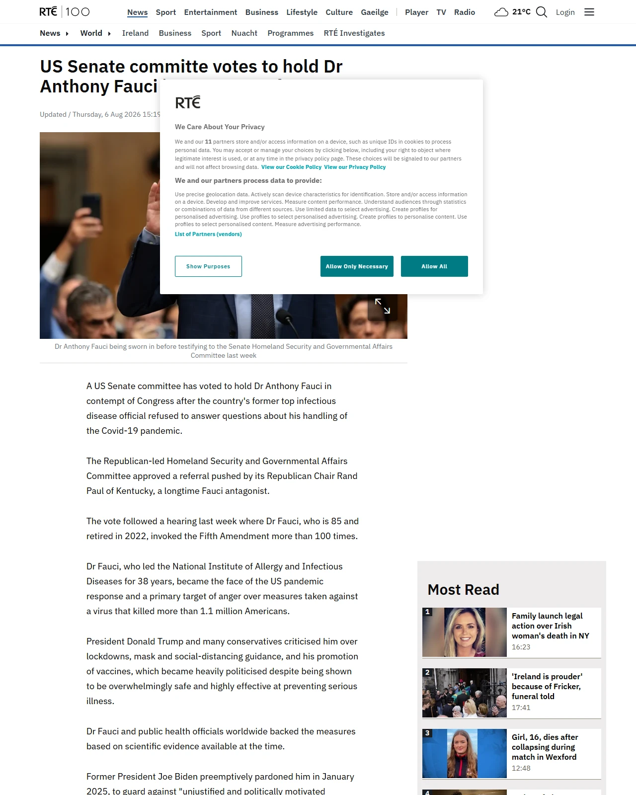 rte.ie as published: US Senate committe votes to hold Fauci in contempt