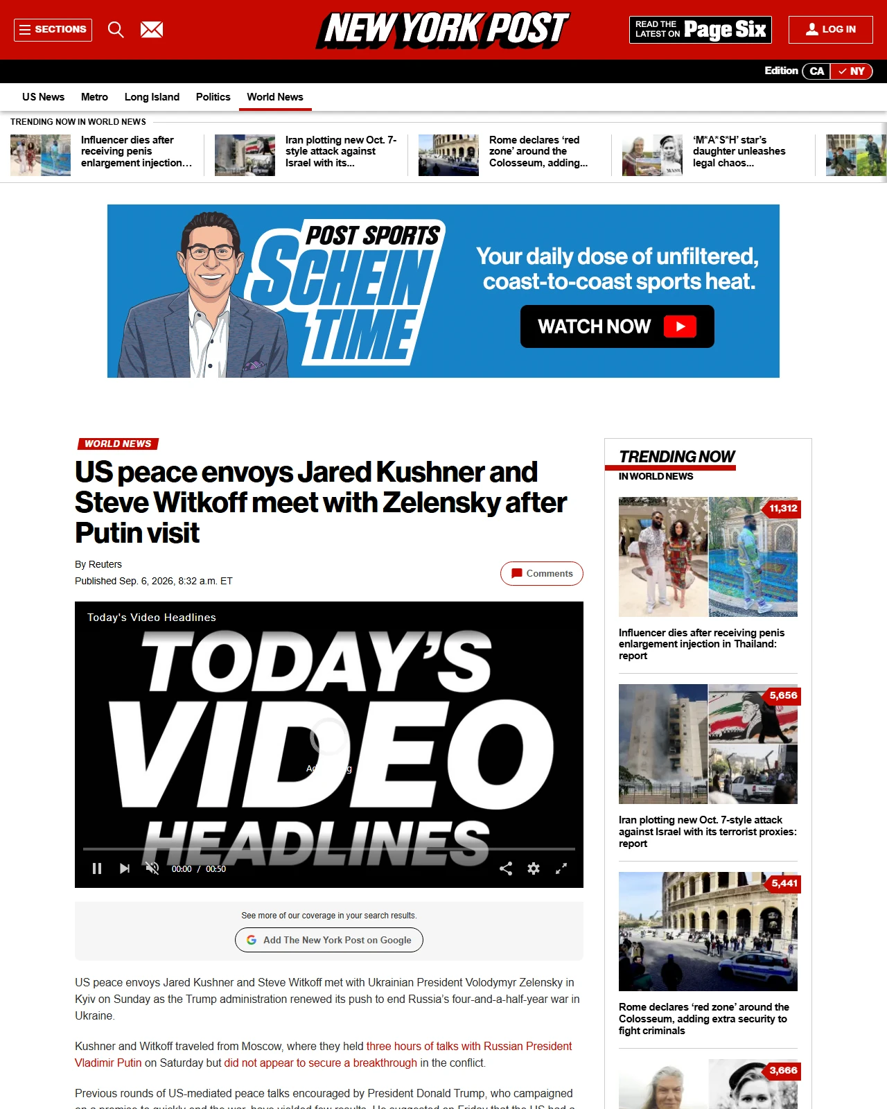 nypost.com as published: US peace envoys Jared Kushner and Steve Witkoff meet with Zelensky after Putin visit