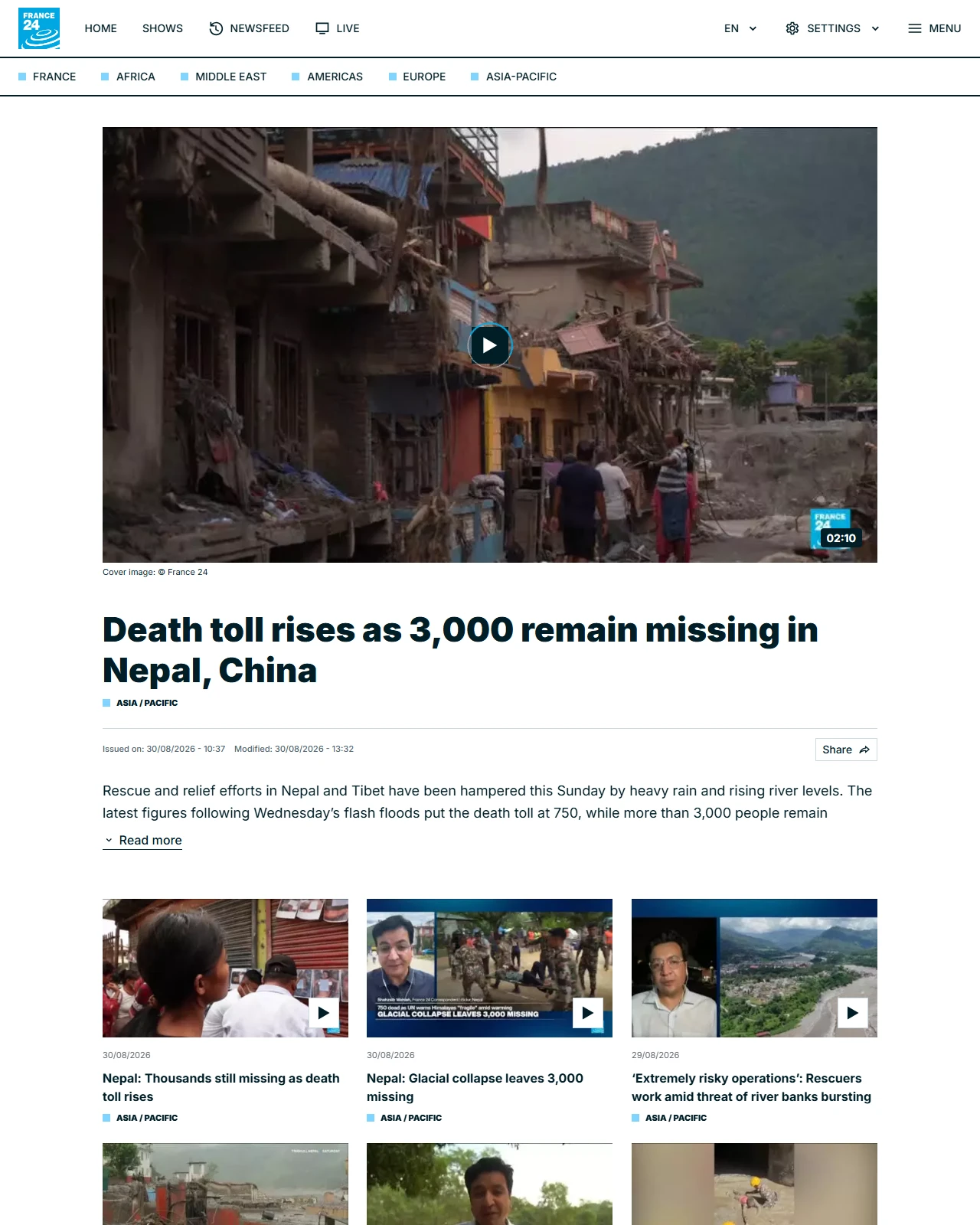 france24.com as published: Death toll rises as 3,000 remain missing in Nepal, China