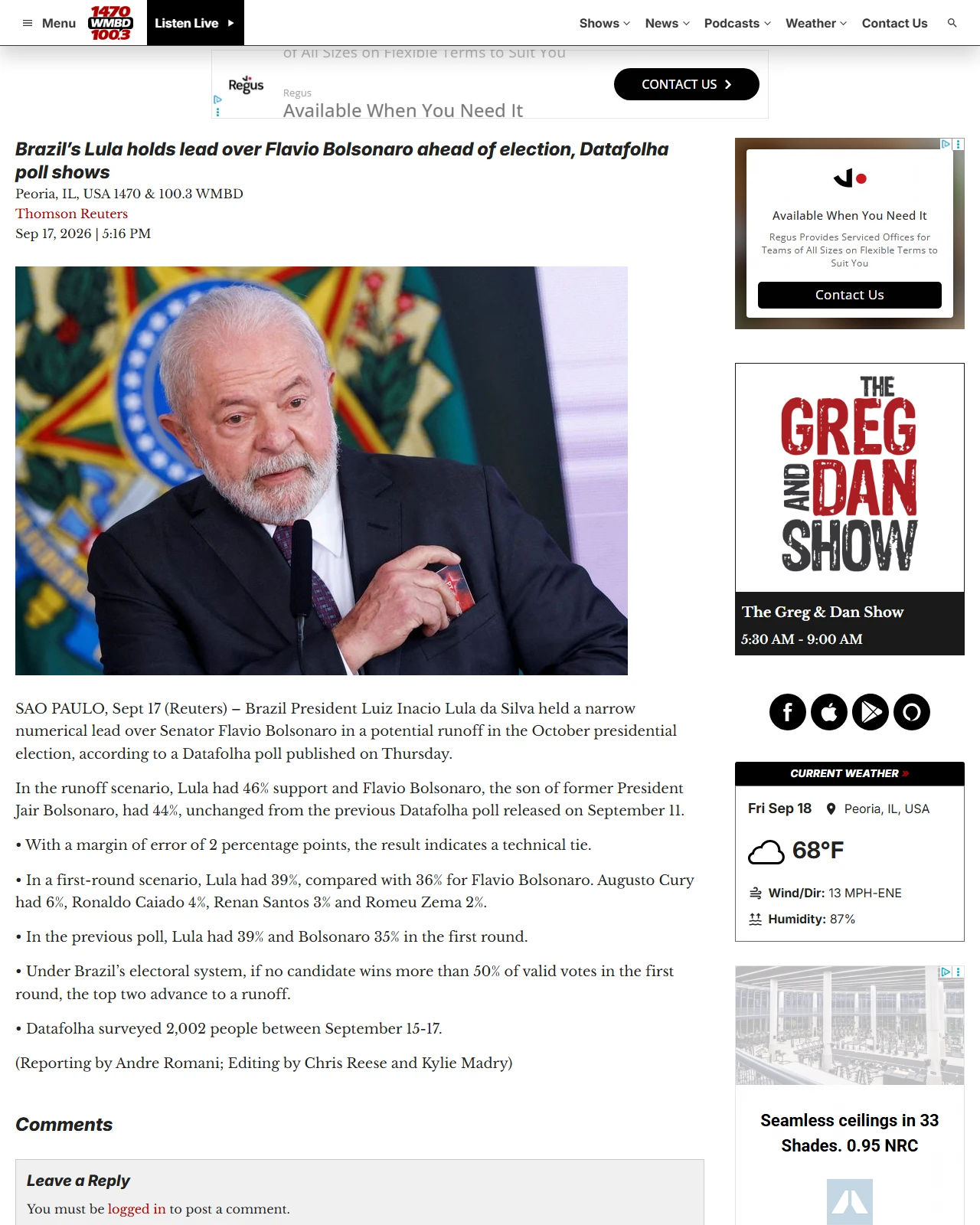 wmbdradio.com as published: Brazil’s Lula holds lead over Flavio Bolsonaro ahead of election, Datafolha poll shows