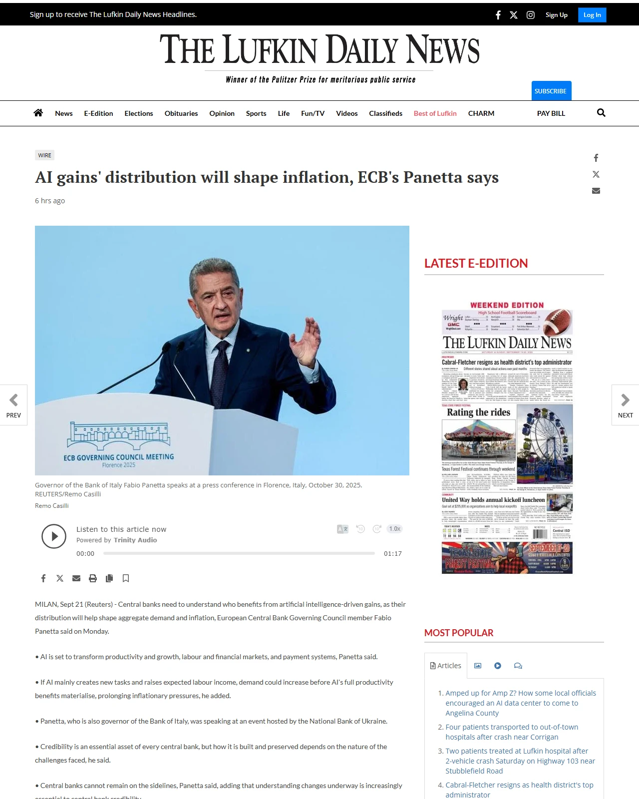 lufkindailynews.com as published: AI gains' distribution will shape inflation, ECB's Panetta says