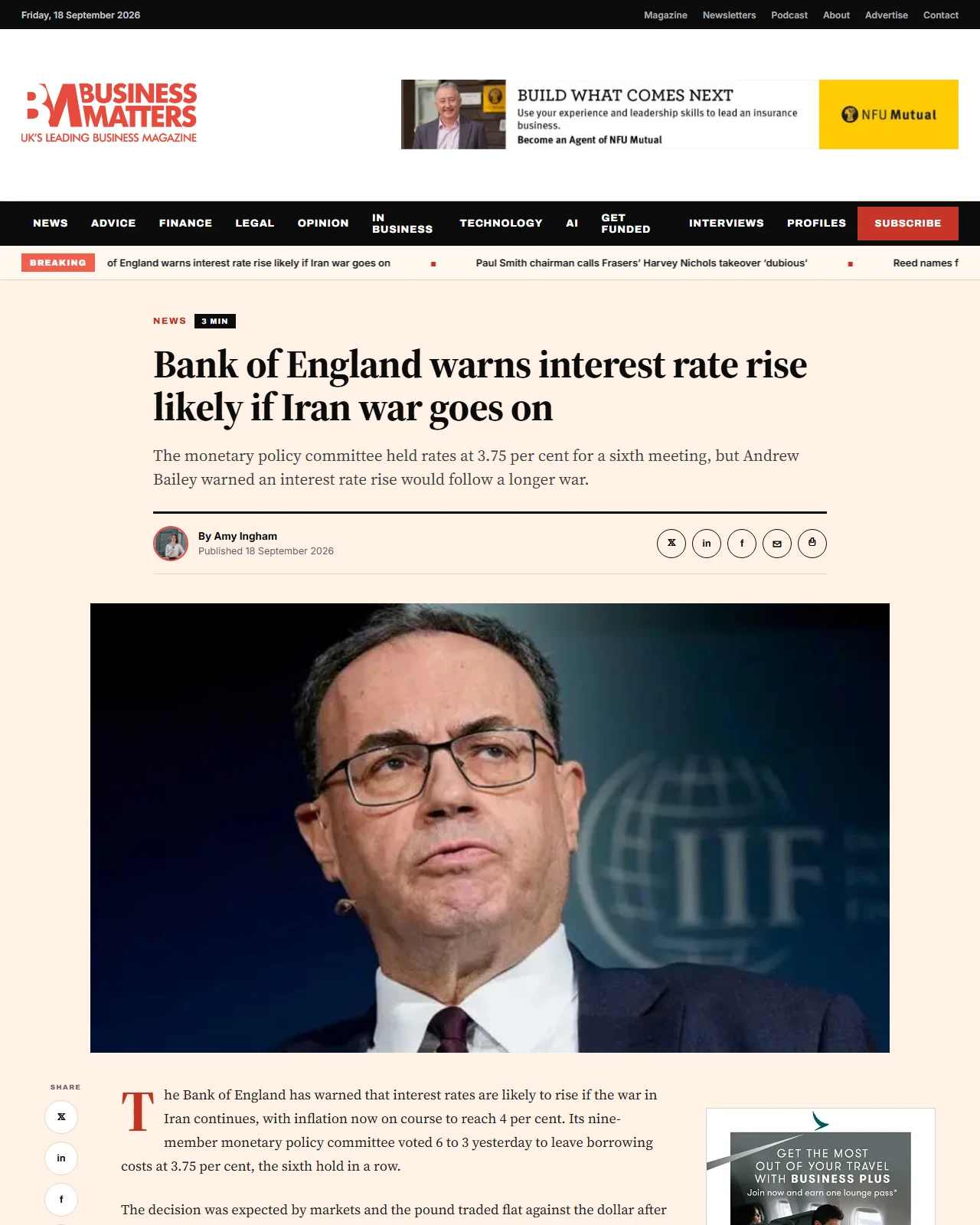 bmmagazine.co.uk as published: Bank of England warns interest rate rise likely if Iran war goes on