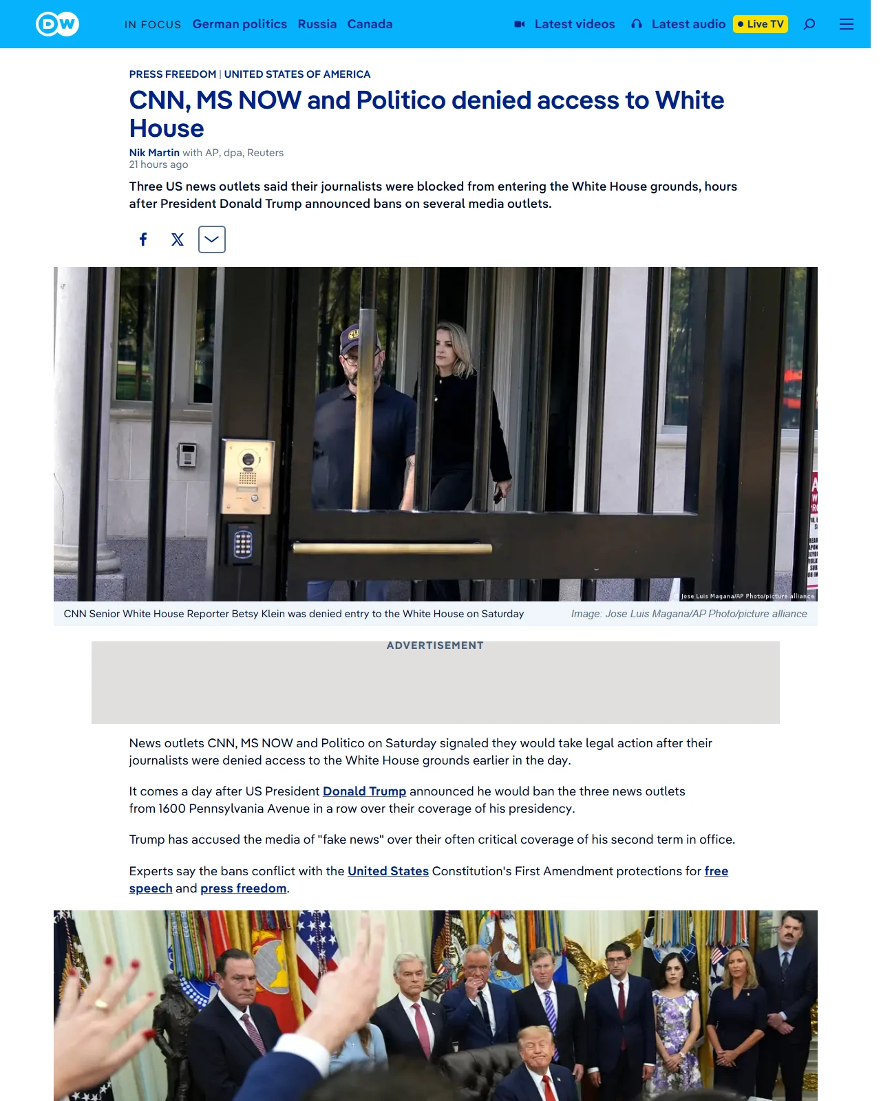 dw.com as published: CNN, MS NOW and Politico denied access to White House