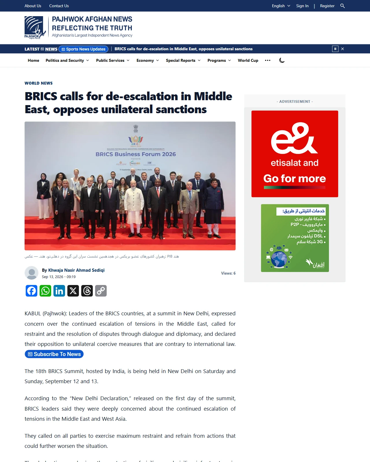 pajhwok.com as published: BRICS calls for de-escalation in Middle East, opposes unilateral sanctions
