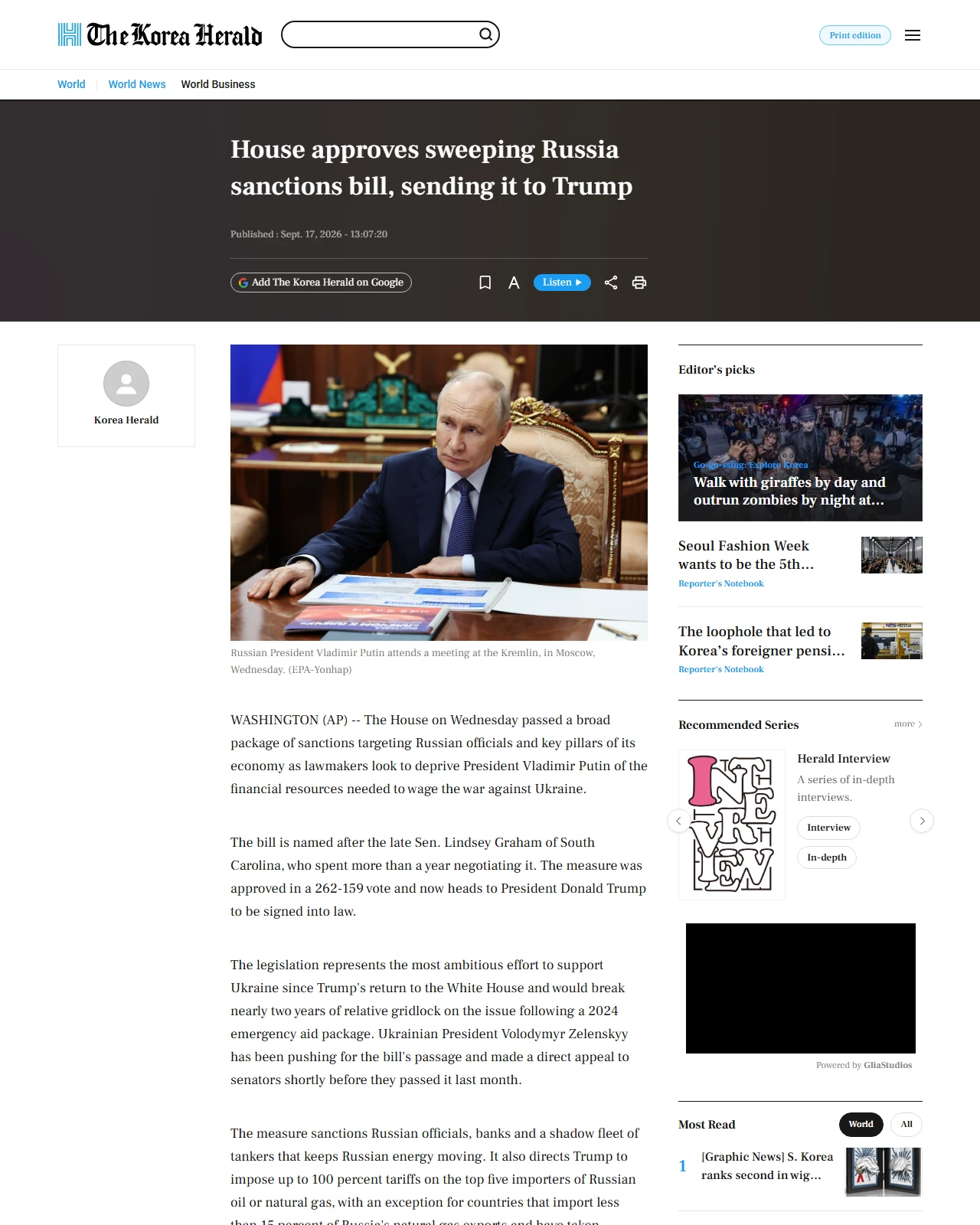 koreaherald.com as published: House approves sweeping Russia sanctions bill, sending it to Trump