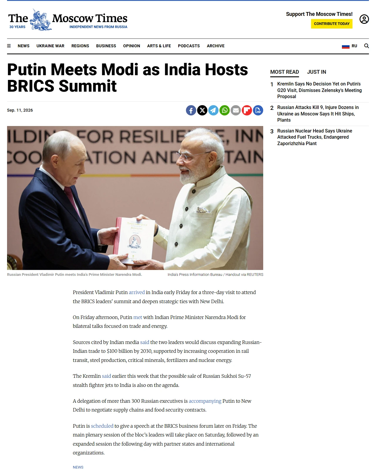 themoscowtimes.com as published: Putin Meets Modi as India Hosts BRICS Summit