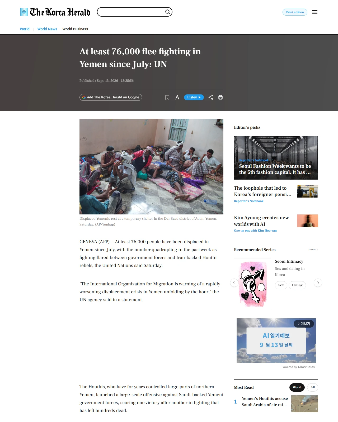 koreaherald.com as published: At least 76,000 flee fighting in Yemen since July: UN