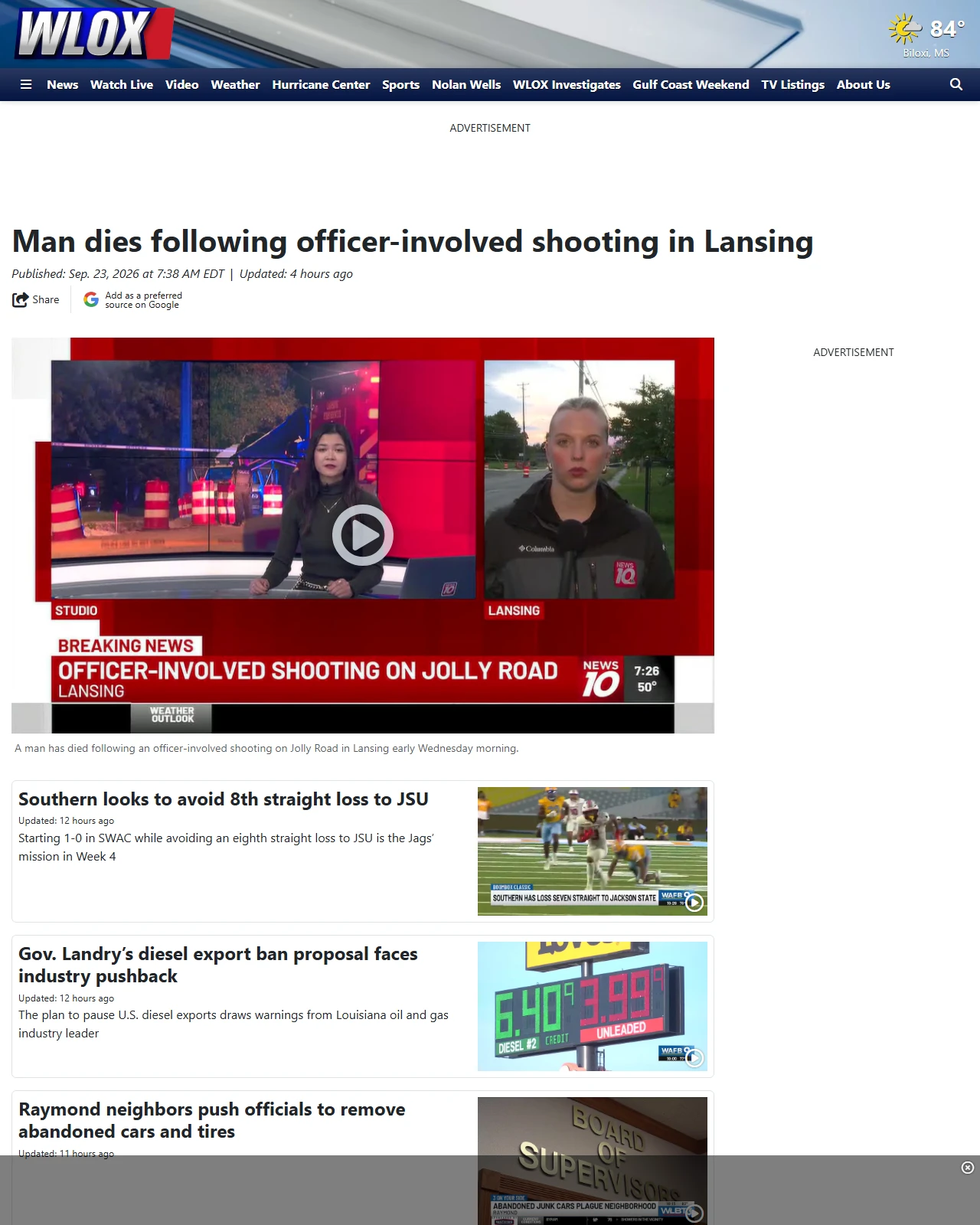 wlox.com as published: Man dies following officer-involved shooting in Lansing