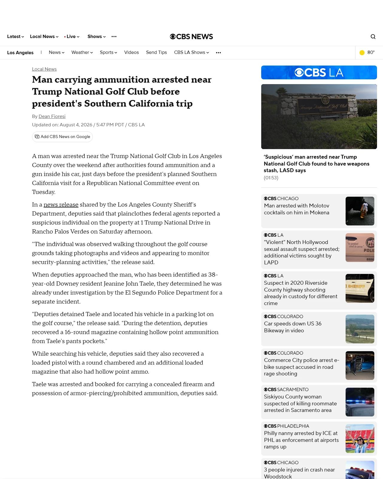 cbsnews.com as published: Man carrying ammunition arrested near Trump National Golf Course as president visits Southern California