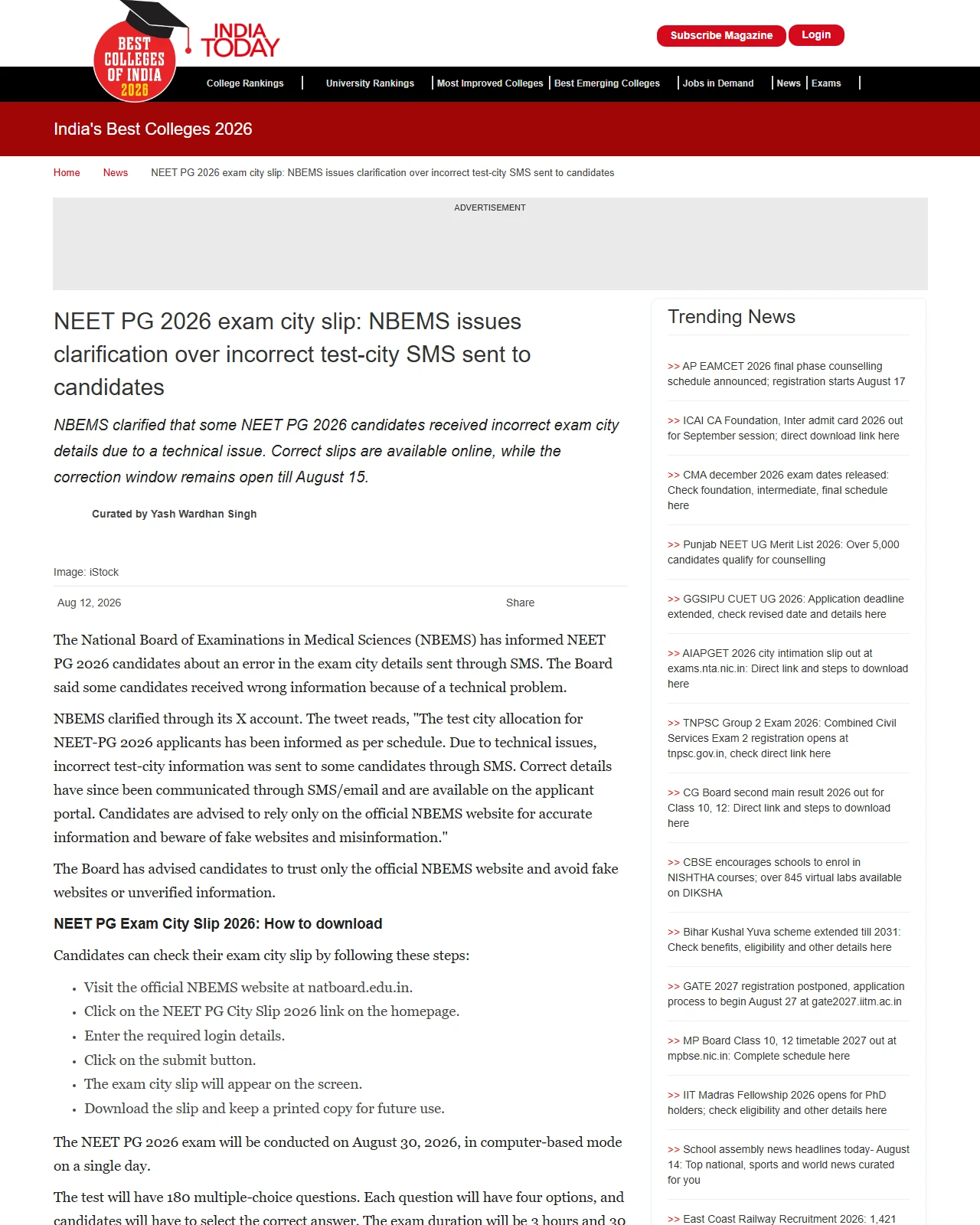 bestcolleges.indiatoday.in as published: NEET PG 2026 exam city slip: NBEMS issues clarification over incorrect test-city SMS sent to candidates