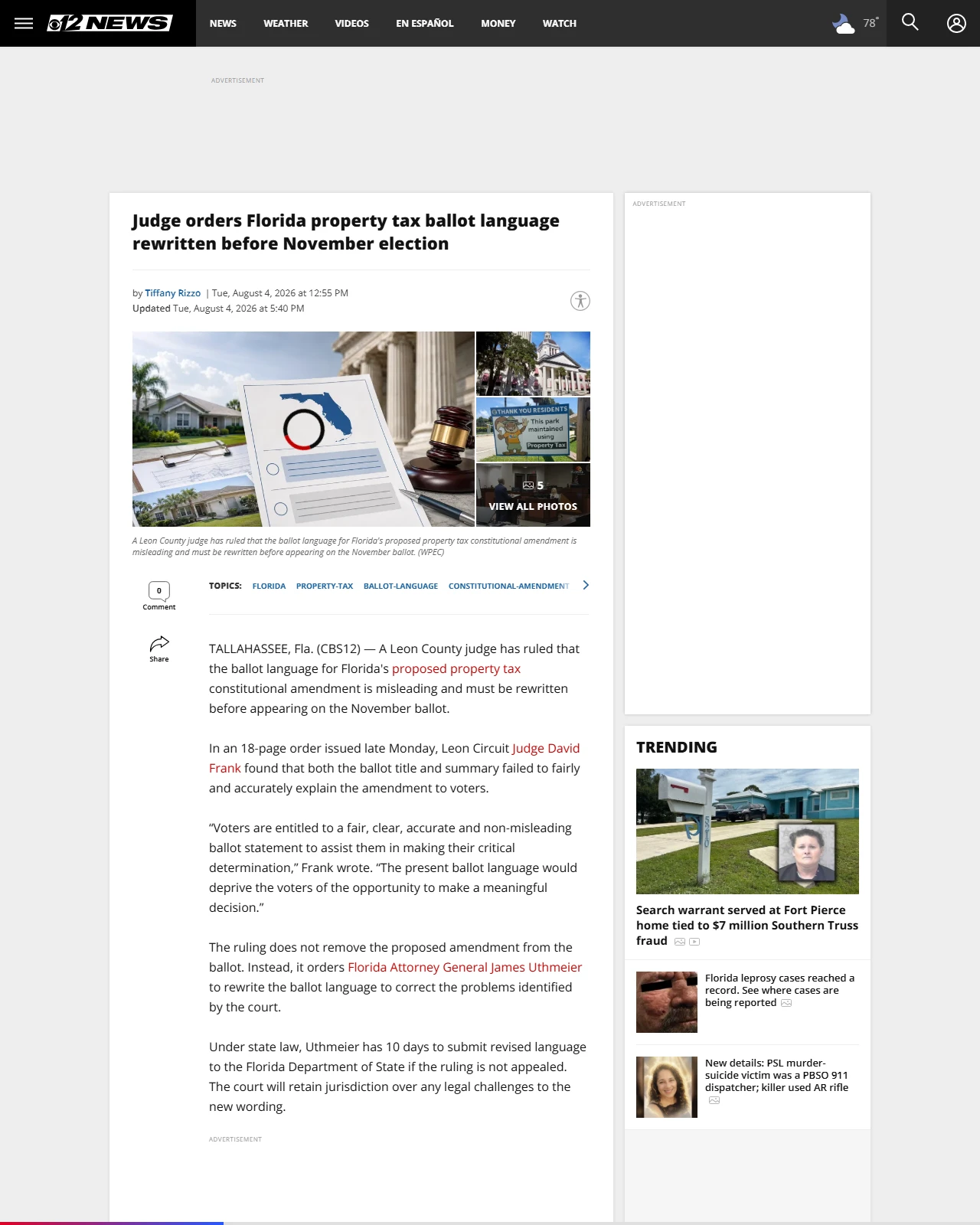 cbs12.com as published: Judge orders Florida property tax ballot language rewritten before November election