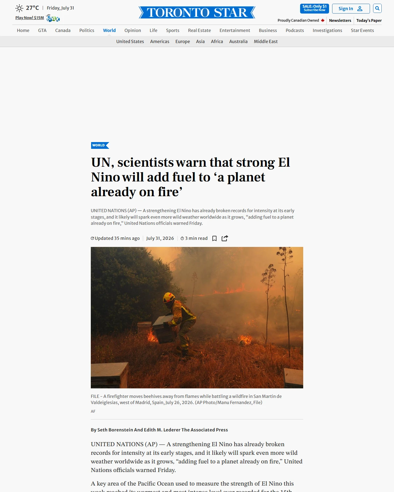 thestar.com as published: UN, scientists warn that strong El Nino will add fuel to ‘a planet already on fire’