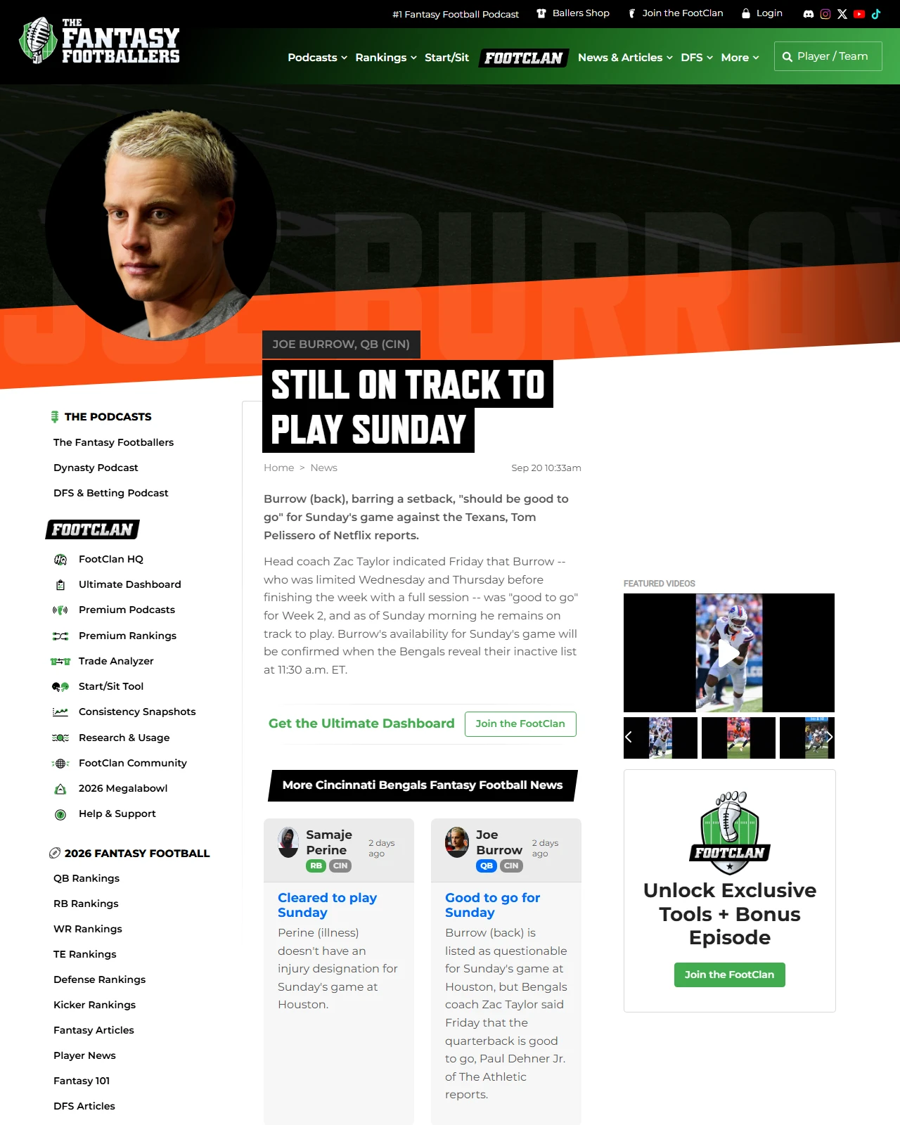 thefantasyfootballers.com as published: Joe Burrow Still on track to play Sunday