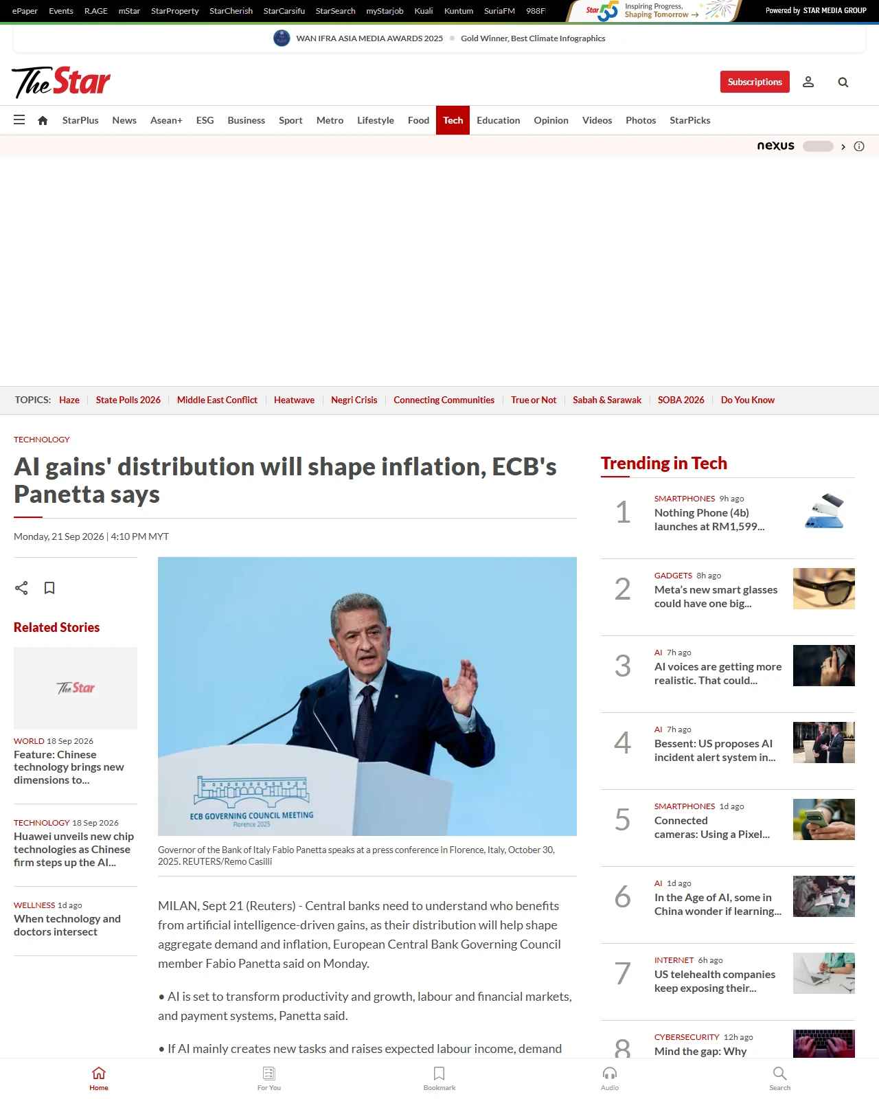 thestar.com.my as published: AI gains' distribution will shape inflation, ECB's Panetta says