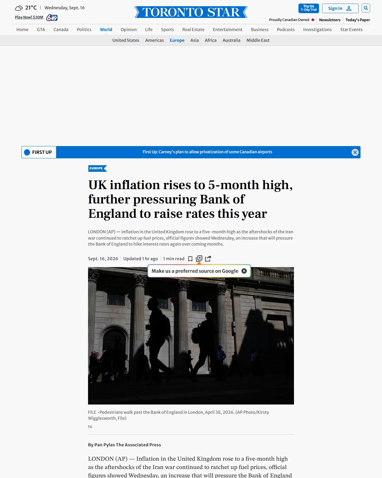 thestar.com as published: UK inflation rises to 5-month high, further pressuring Bank of England to raise rates this year