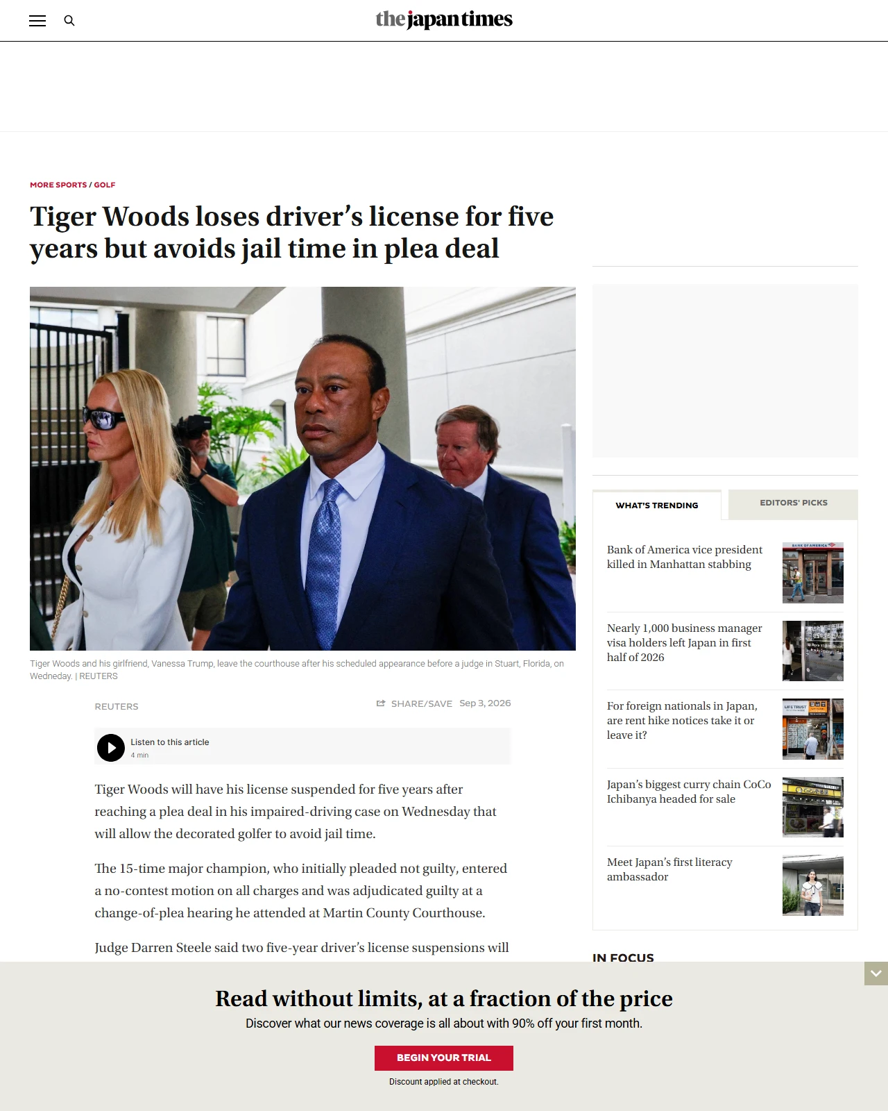 japantimes.co.jp as published: Tiger Woods loses driver’s license for five years but avoids jail time in plea deal
