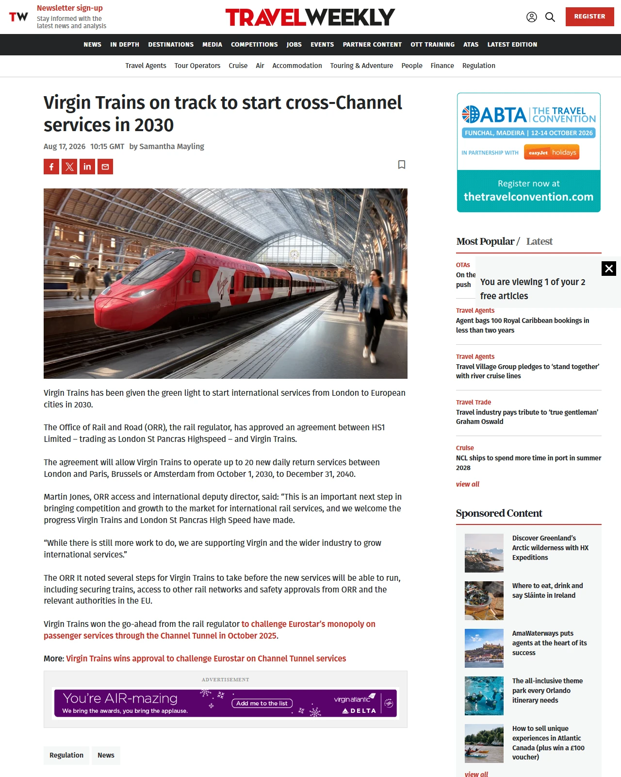 travelweekly.co.uk as published: Virgin Trains on track to start cross-Channel services in 2030 - Travel Weekly