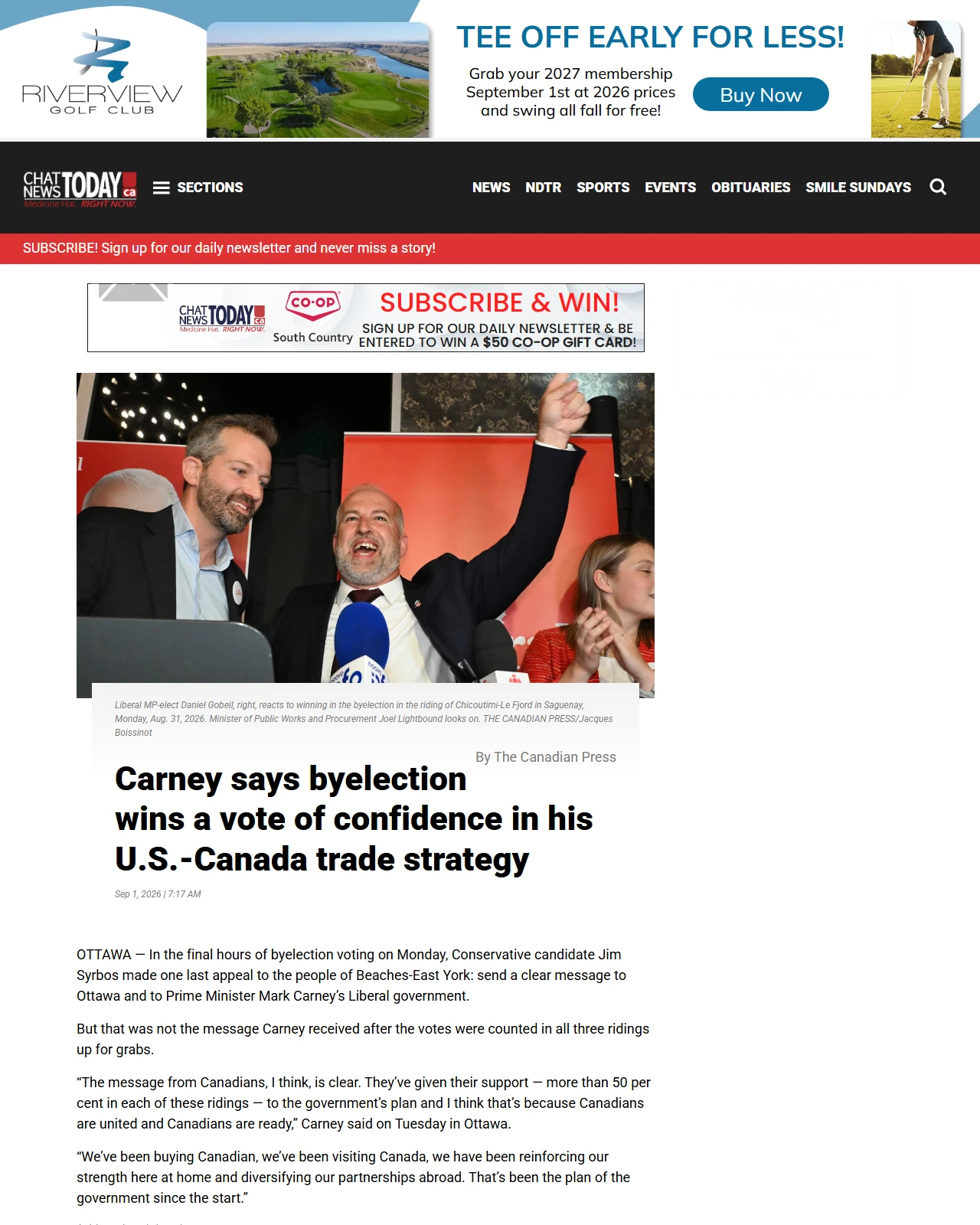 chatnewstoday.ca as published: Liberals won more than 50% of the vote in all three Aug. 31 byelections