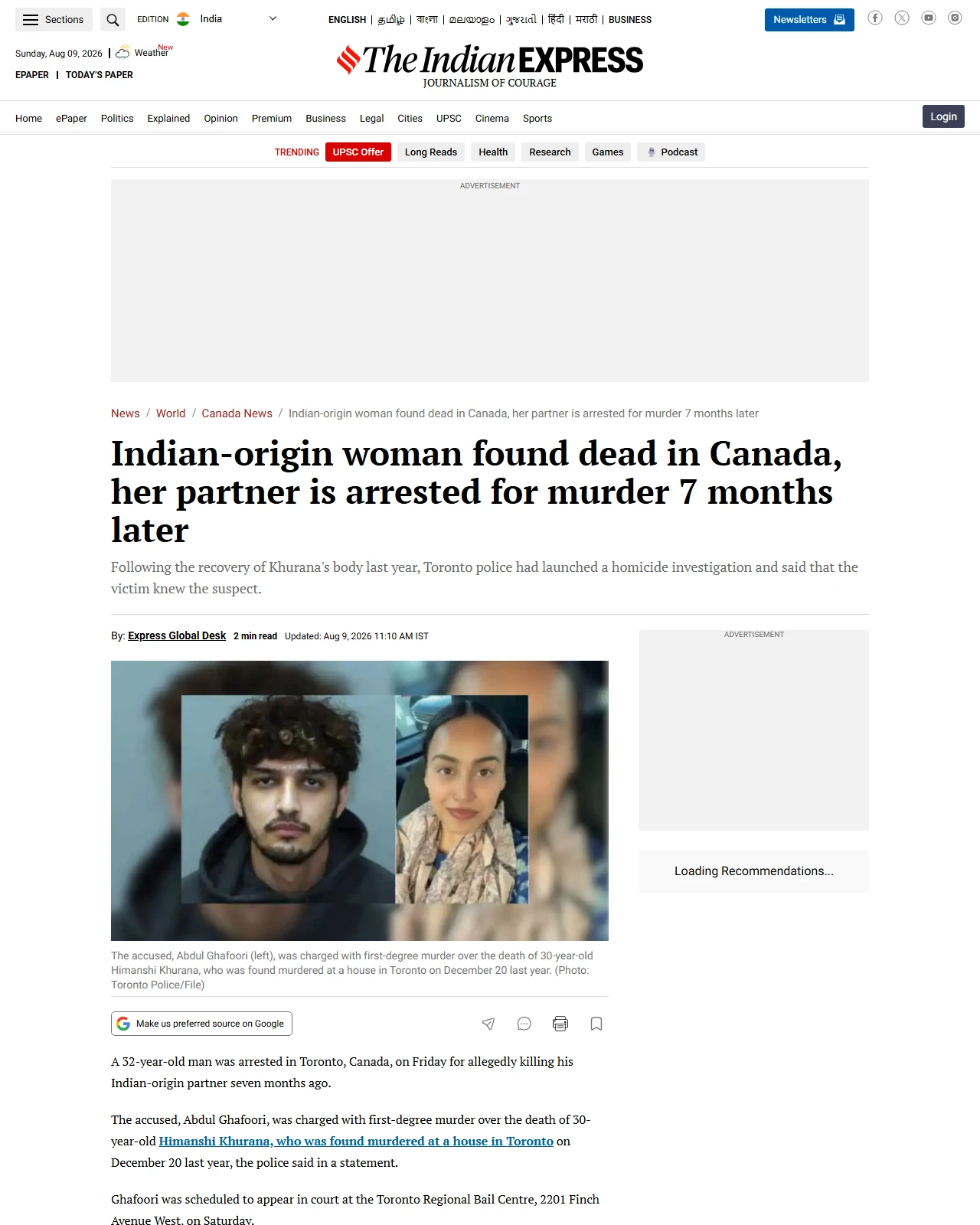 indianexpress.com as published: Indian-origin woman found dead in Canada, her partner is arrested for murder 7 months later