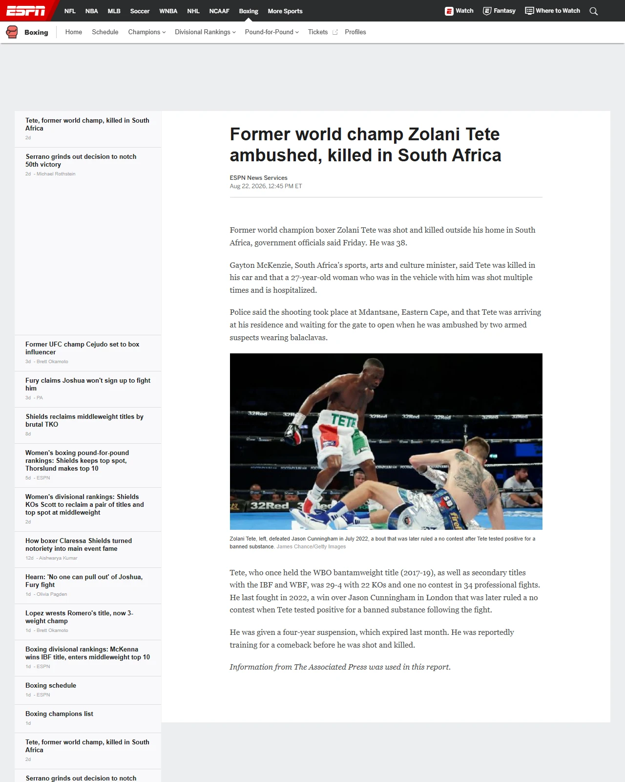 espn.com as published: Former world champ Zolani Tete ambushed, killed in South Africa