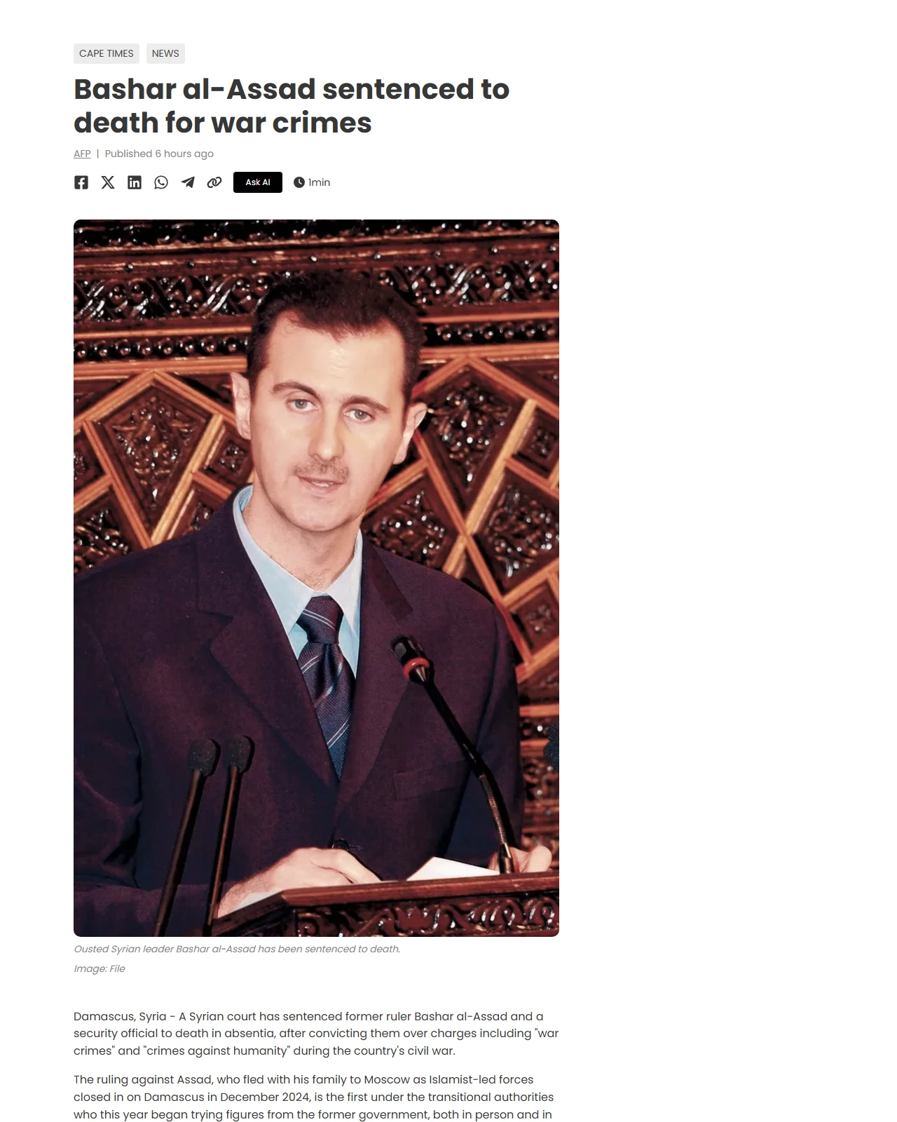 iol.co.za as published: Bashar al-Assad sentenced to death for war crimes
