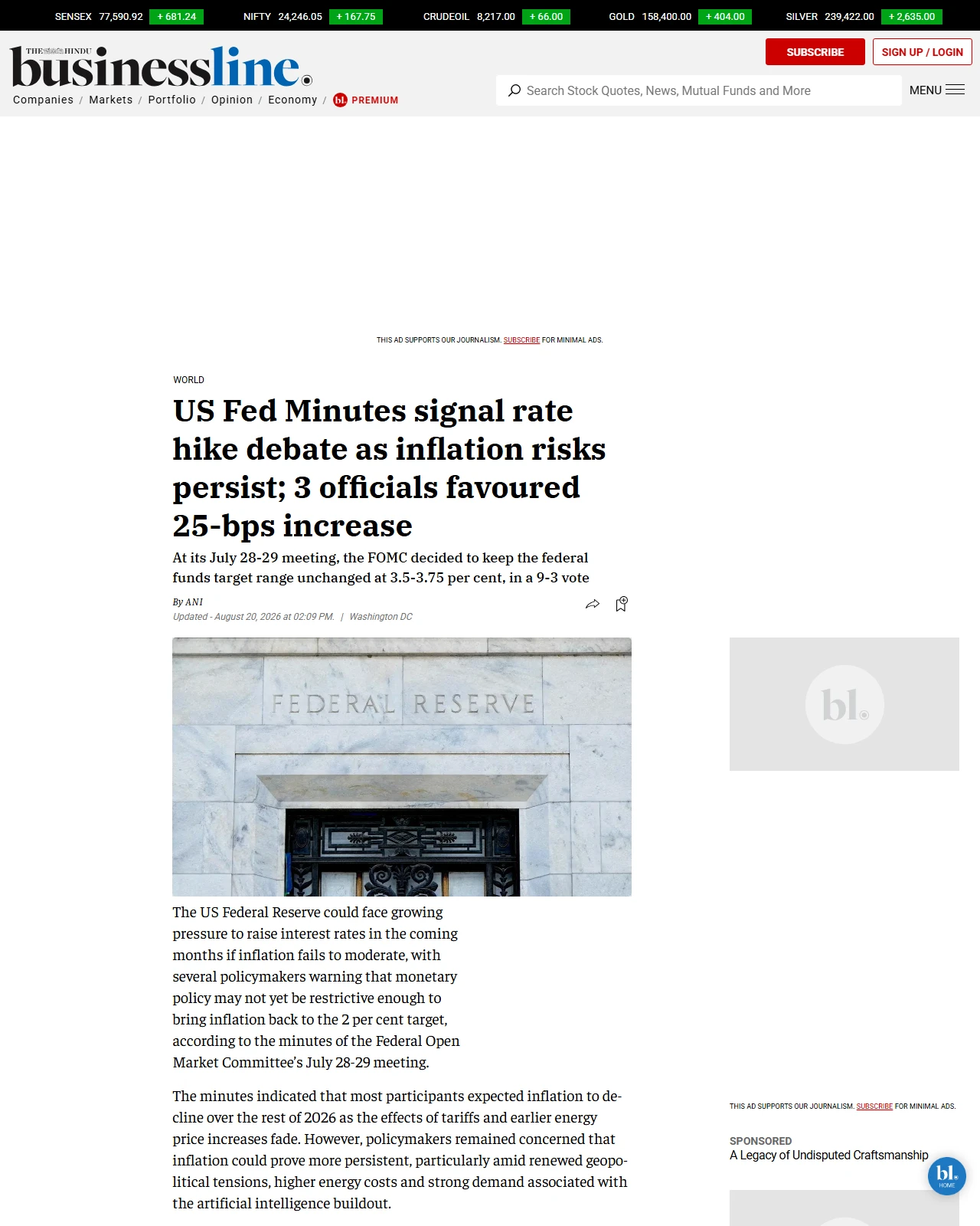 thehindubusinessline.com as published: US Fed Minutes signal rate hike debate as inflation risks persist; 3 officials favoured 25-bps increase
