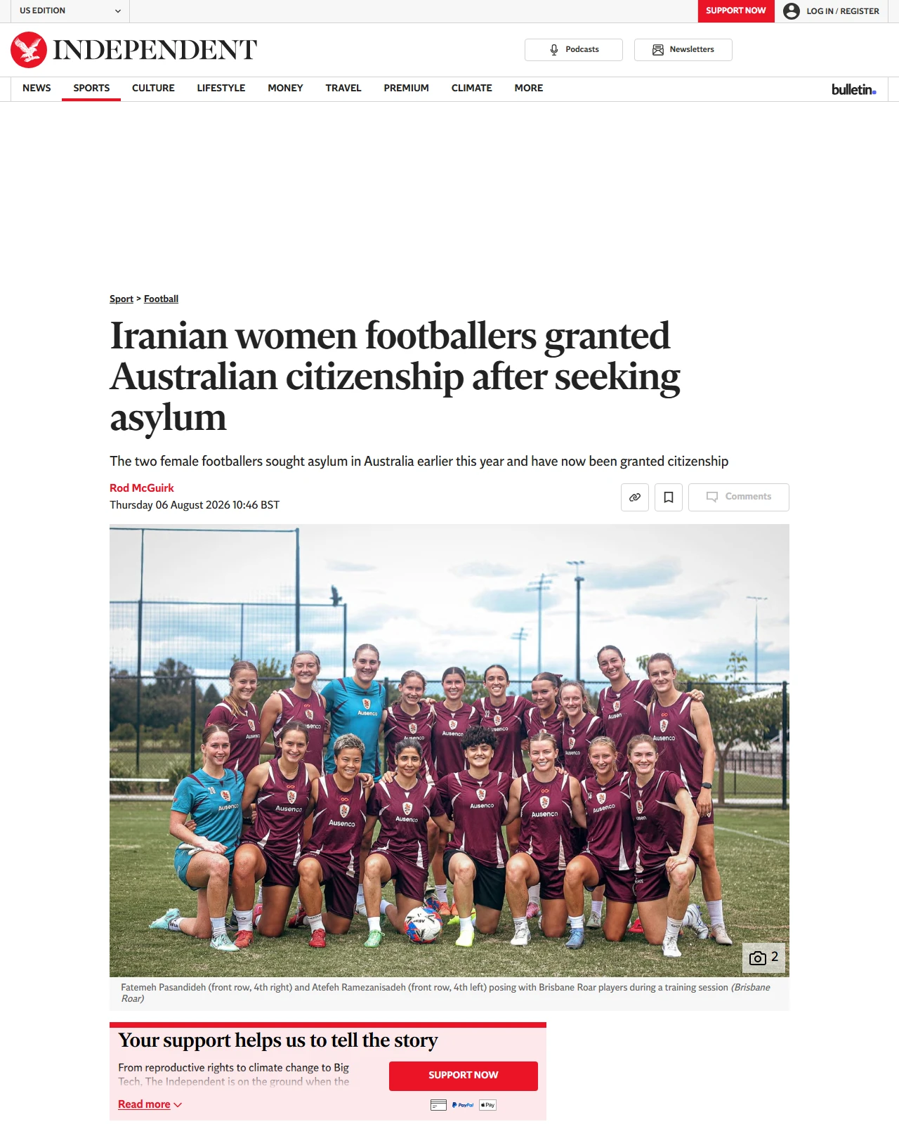 independent.co.uk as published: Iranian women footballers granted Australian citizenship after seeking asylum