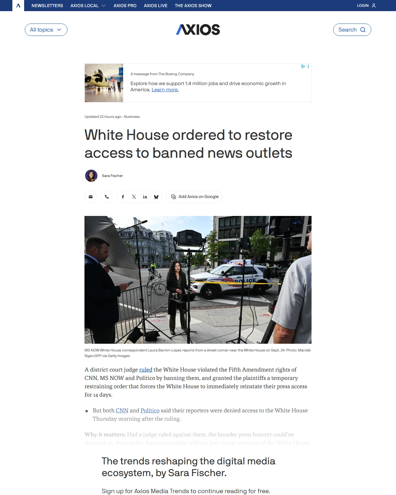 axios.com as published: White House ordered to restore access to banned news outlets
