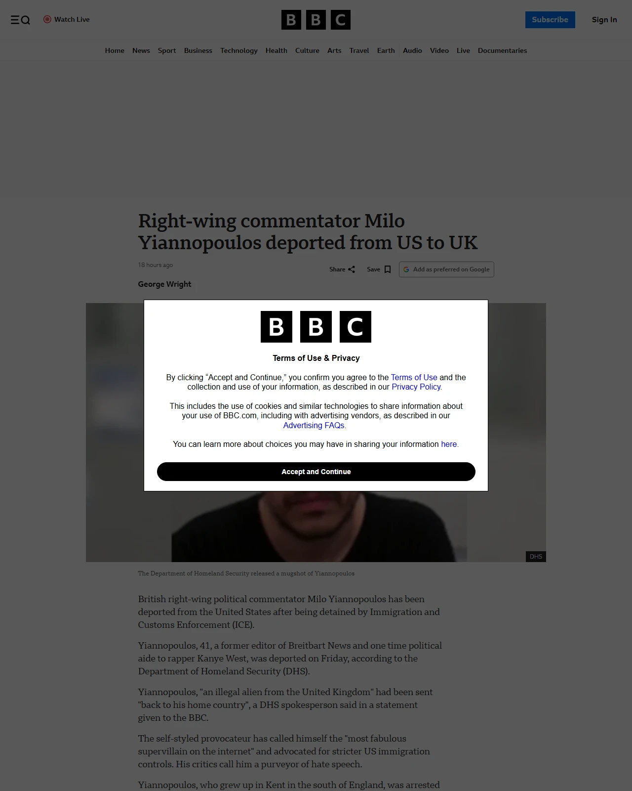 bbc.co.uk as published: Right-wing commentator Milo Yiannopoulos deported from US to UK