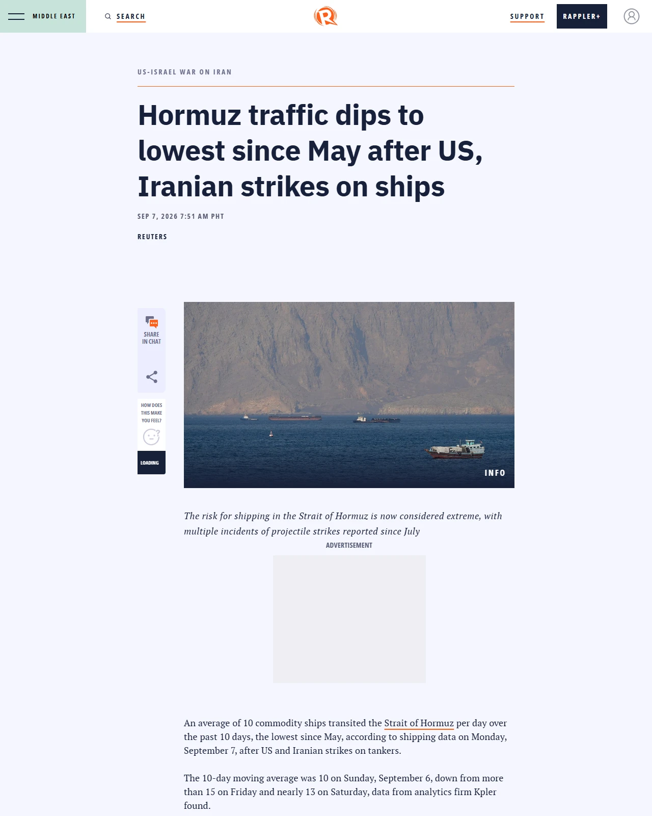 rappler.com as published: Hormuz traffic dips to lowest since May after US, Iranian strikes on ships