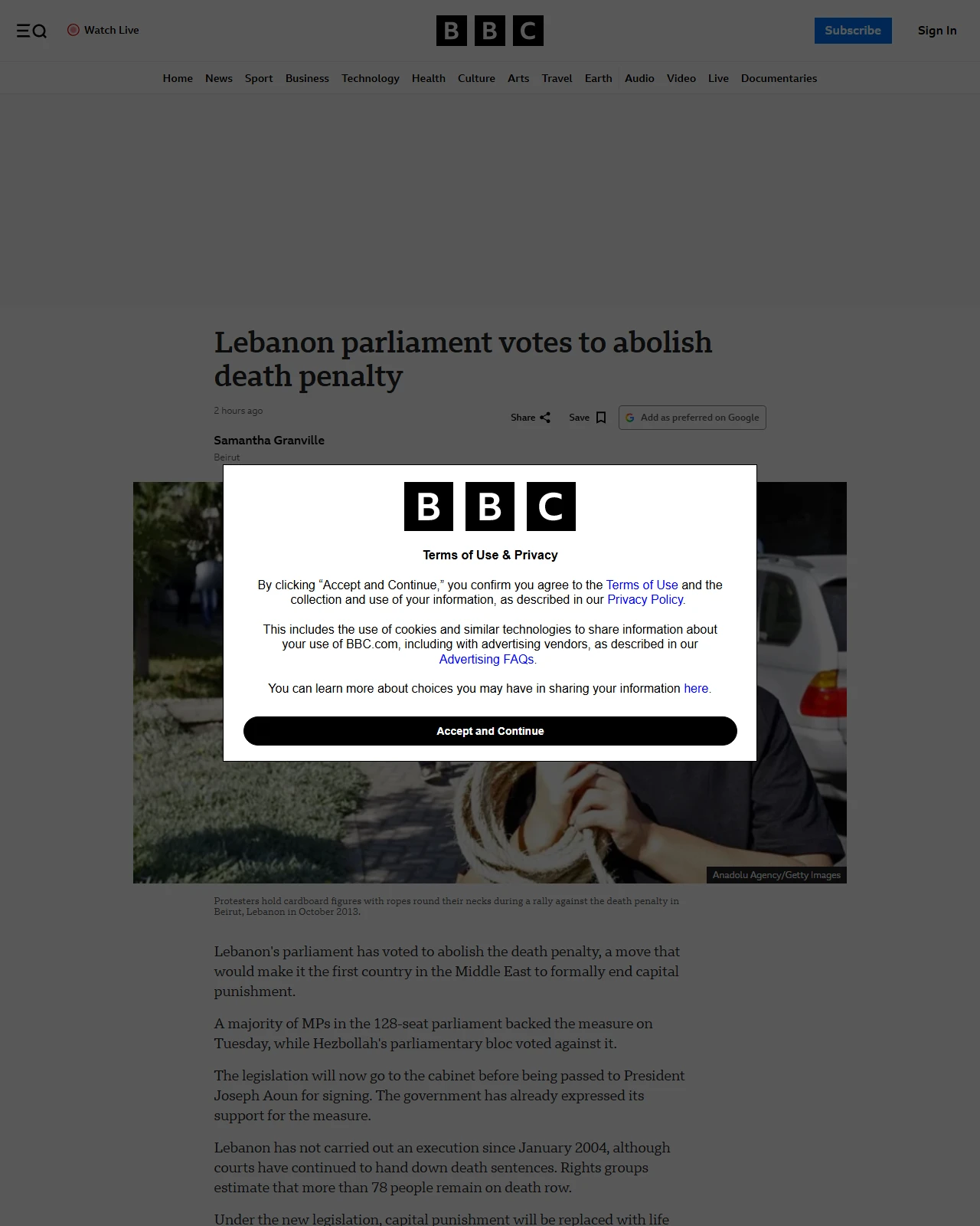 bbc.co.uk as published: Lebanon parliament votes to abolish death penalty