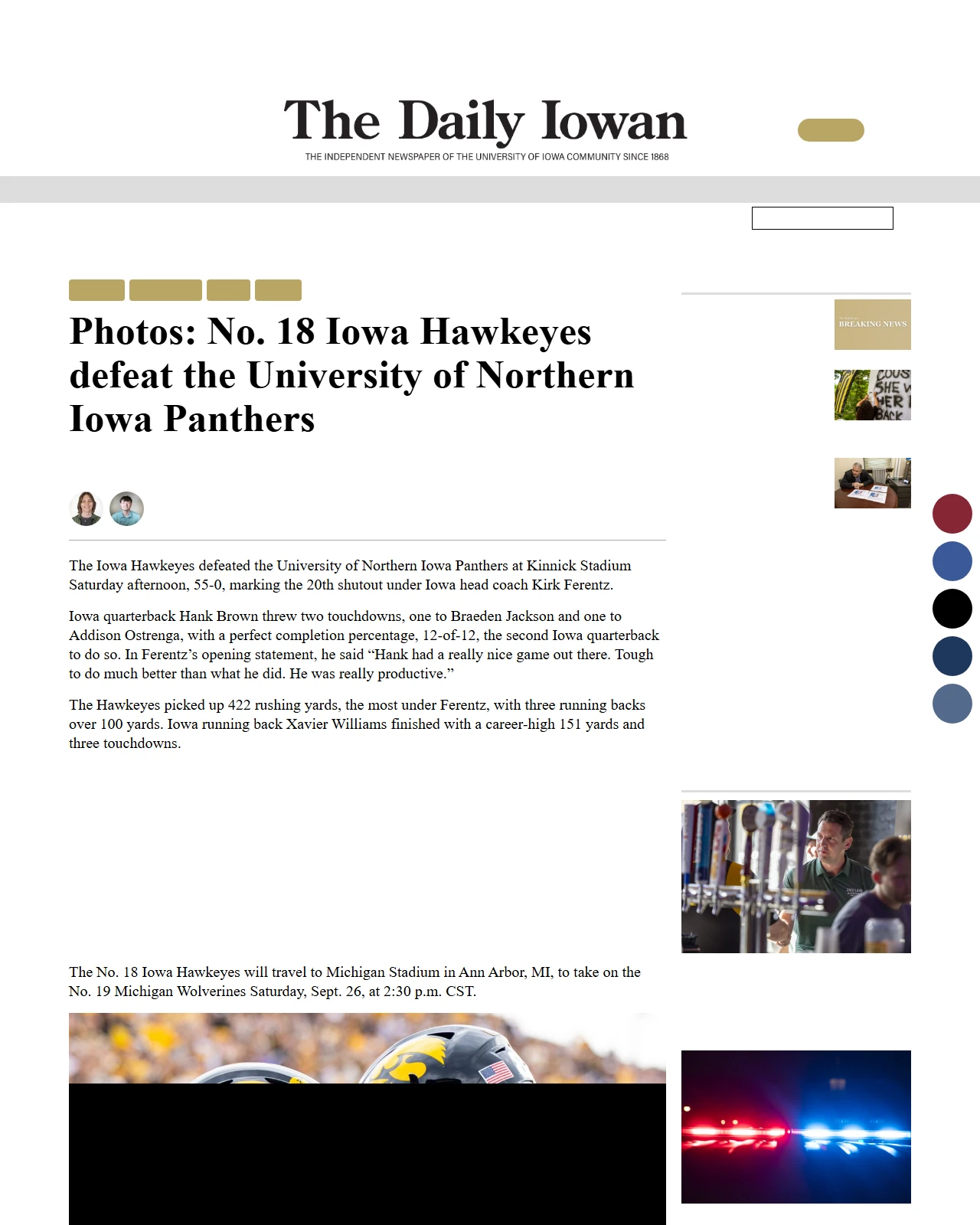 dailyiowan.com as published: Photos: No. 18 Iowa Hawkeyes defeat the University of Northern Iowa Panthers