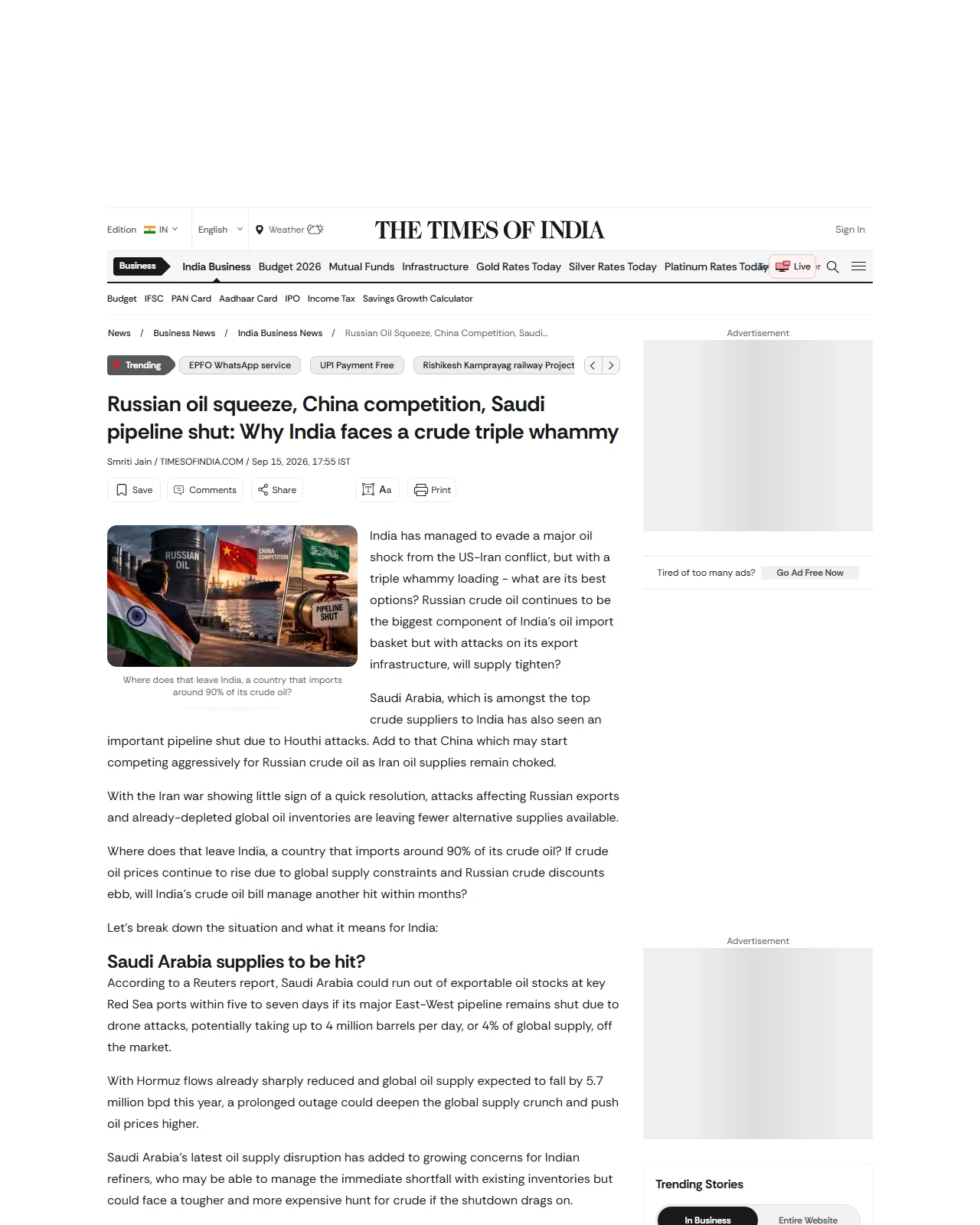 timesofindia.indiatimes.com as published: Russian oil squeeze, China competition, Saudi pipeline shut: Why India faces a crude triple whammy