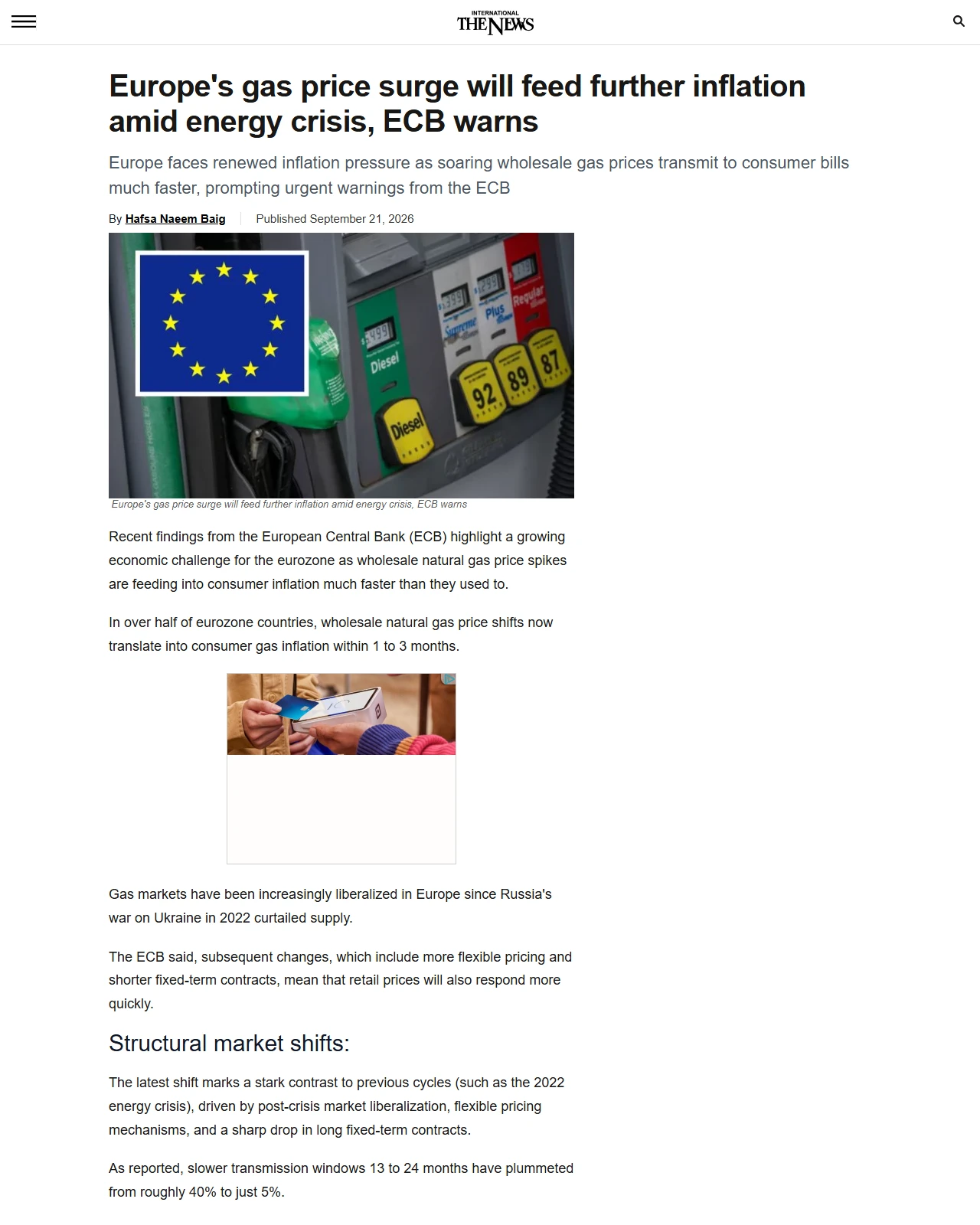thenews.com.pk as published: Europe's gas price surge will feed further inflation amid energy crisis, ECB warns