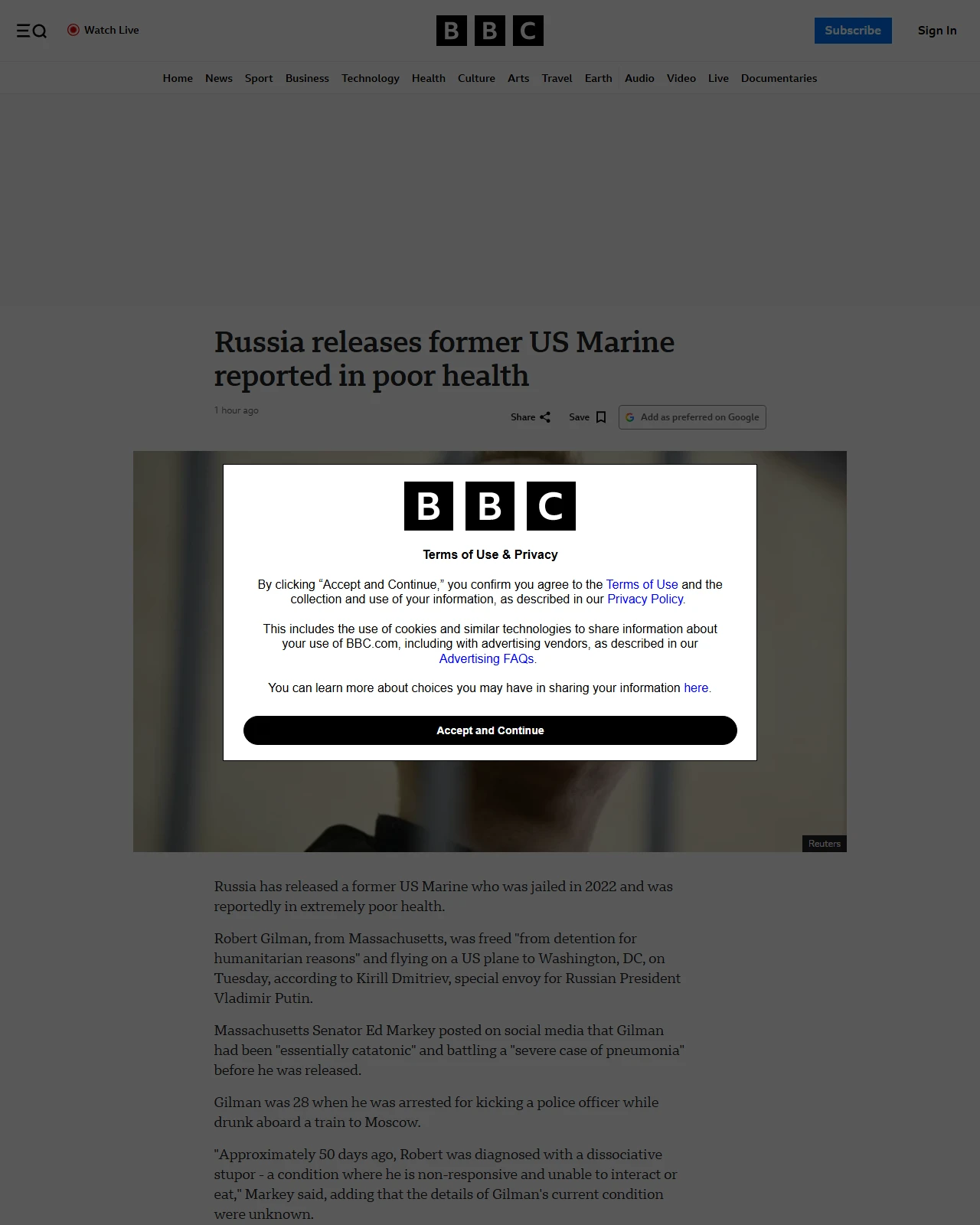 bbc.co.uk as published: Russia releases former US Marine reported in poor health